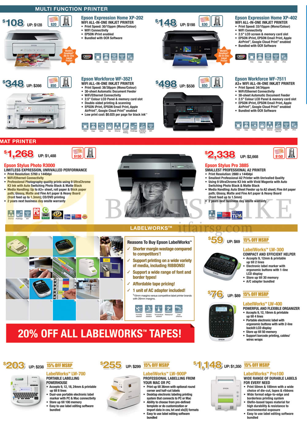 IT SHOW 2014 price list image brochure of Epson Printers Inkjet Labellers Expression Home XP-202, 402, Workforce WF-3521, 7511, Stylus Photo R3000, Pro 3685, Labelworks LW-300, 400, 700, 900P, Pro100