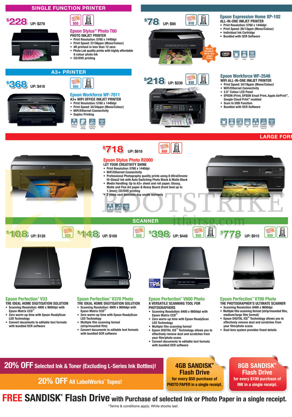 IT SHOW 2014 price list image brochure of Epson Printers Inkjet Scanners Stylus Photo T60, R2000, Workforce WF-7011, 2548, Expression Home XP-102, Perfection V33, V370, V600, V700