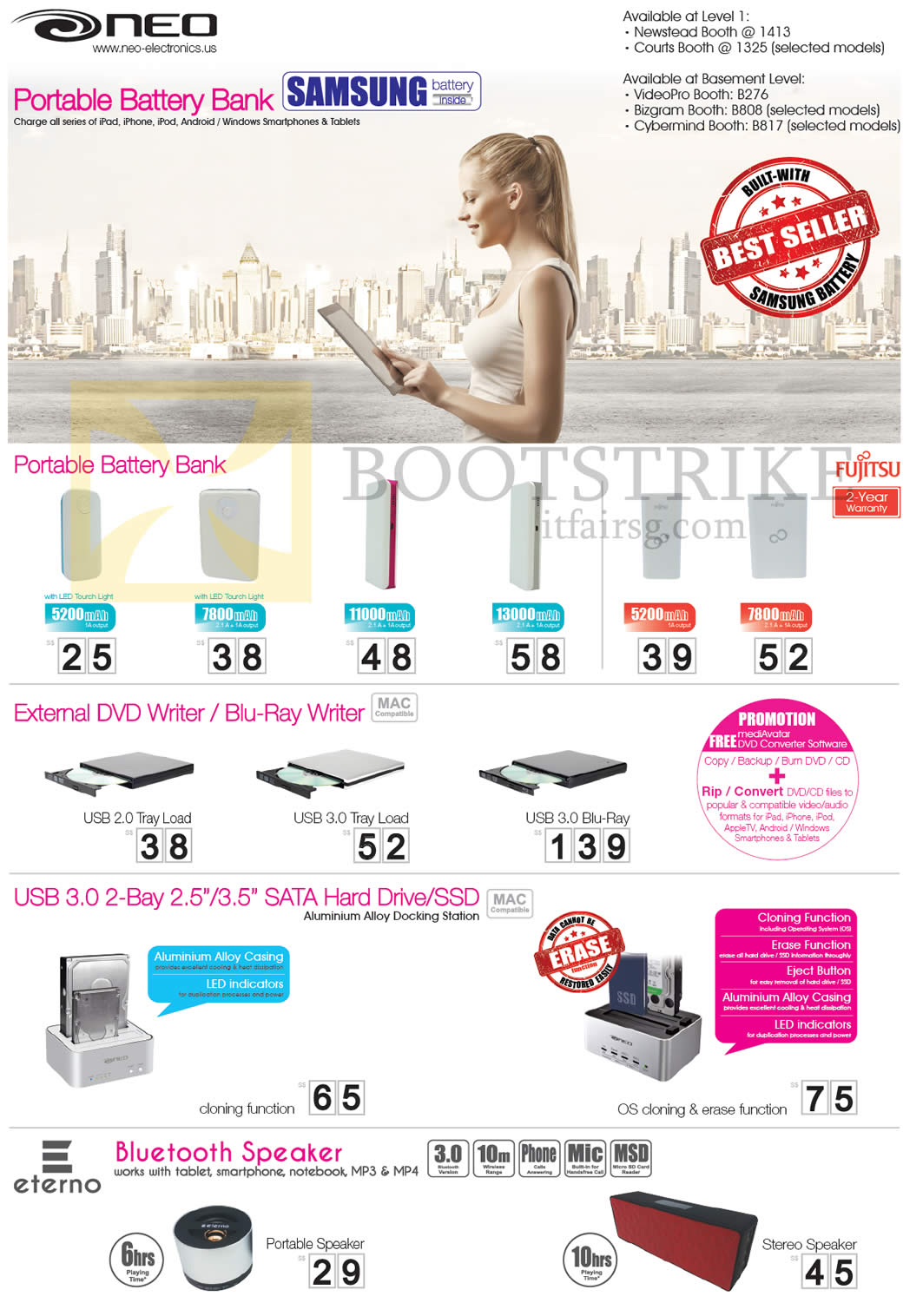 IT SHOW 2014 price list image brochure of Eternal Asia Neo Portable Battery Power Bank, External DVD Optical Disc Drive, USB 3 Sata SSD Docking Station, Eterno Bluetooth Speaker