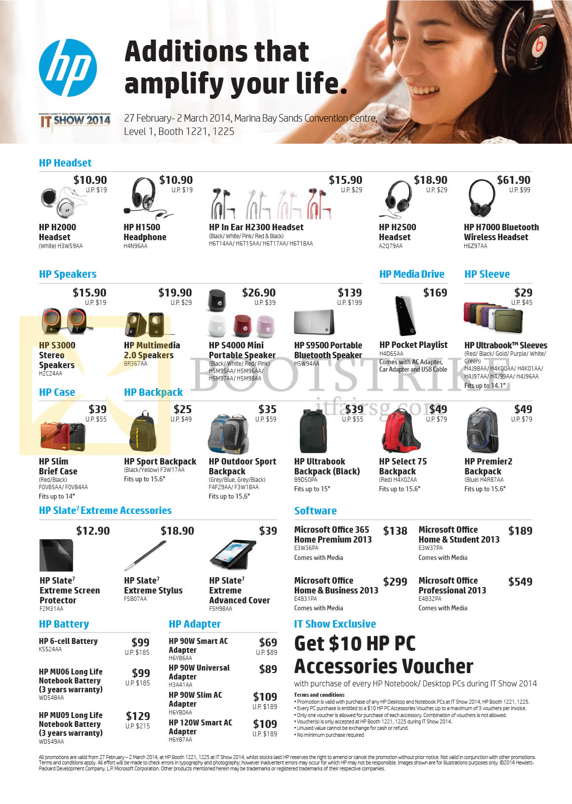 IT SHOW 2014 price list image brochure of HP Accessories Headset, Speakers, Case, Backpacks, Media Drive, Sleeve, Battery, Adapter, Software