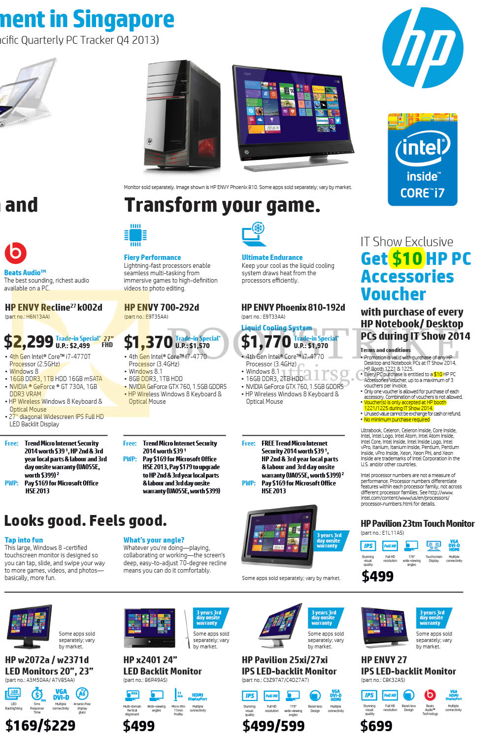 IT SHOW 2014 price list image brochure of HP Desktop PCs, Monitors, Envy 700-292d, Recline K002d, Phoenix 810-192d, Pavilion 23tm, W2072A, W2371d, X2401, 25xi, 27xi, Envy 27