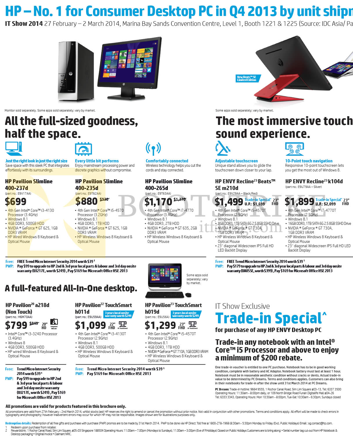 IT SHOW 2014 price list image brochure of HP Desktop PCs, Notebooks, AIO Desktop PCs Pavilion Slimline 400-237d, 235d, 265d, Envy Recline K104d, Beats SE M210d, Pavilion A218d, H011d, H019d