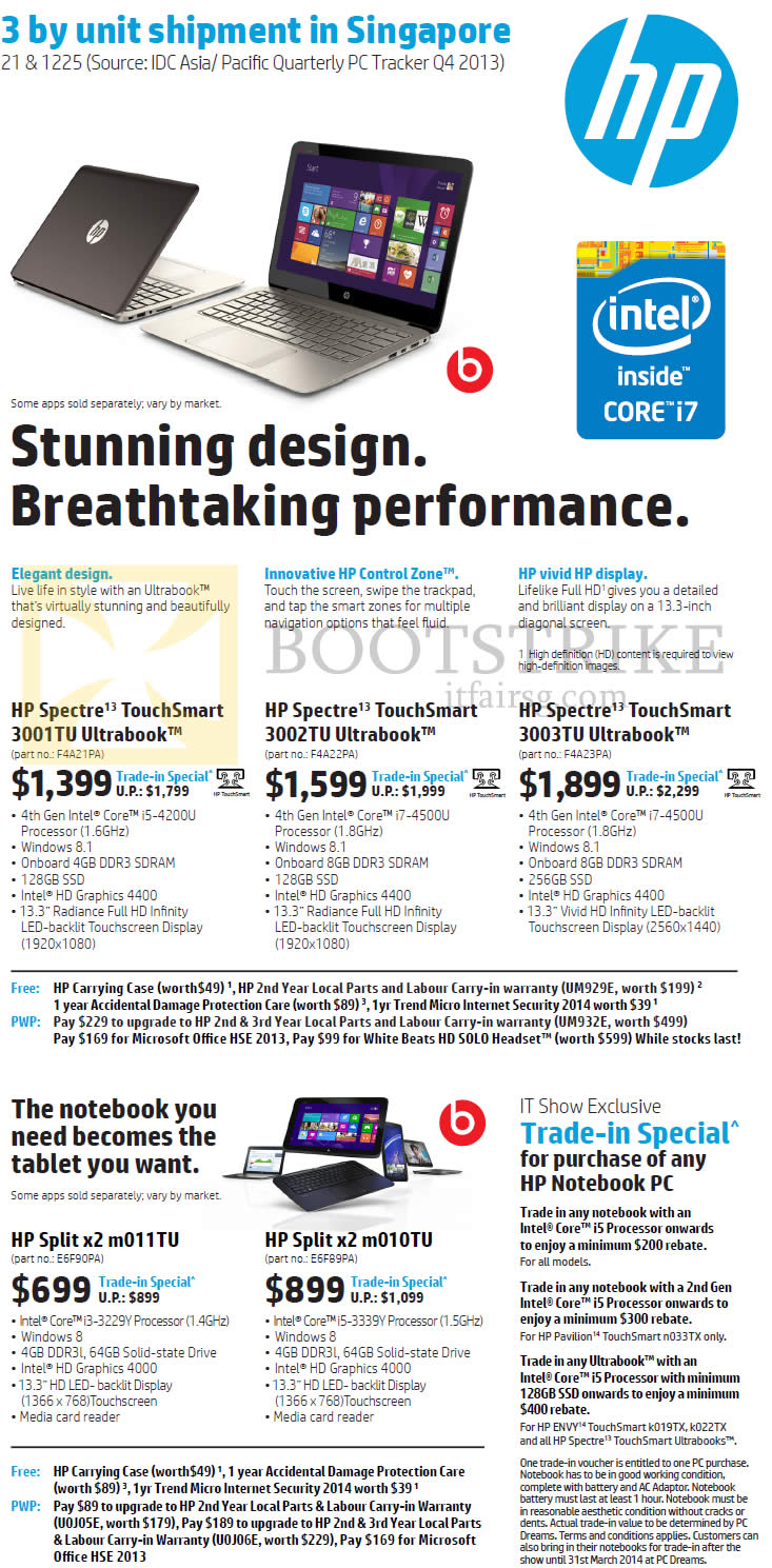 IT SHOW 2014 price list image brochure of HP Notebooks Spectre TouchSmart 3001TU, 3002TU, 3003TU, Split X2 M011TU, M010TU