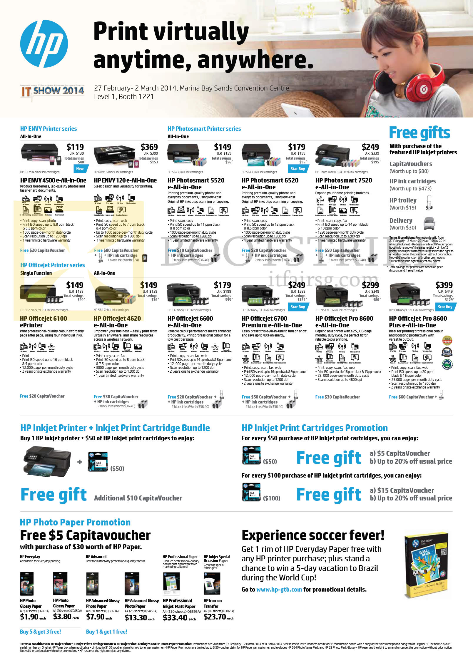 IT SHOW 2014 price list image brochure of HP Printers, Paper, Envy 4500, 120, Photosmart 5520, 6520, 7520, Officejet 6100, 4620, 6600, 6700, Pro 8600