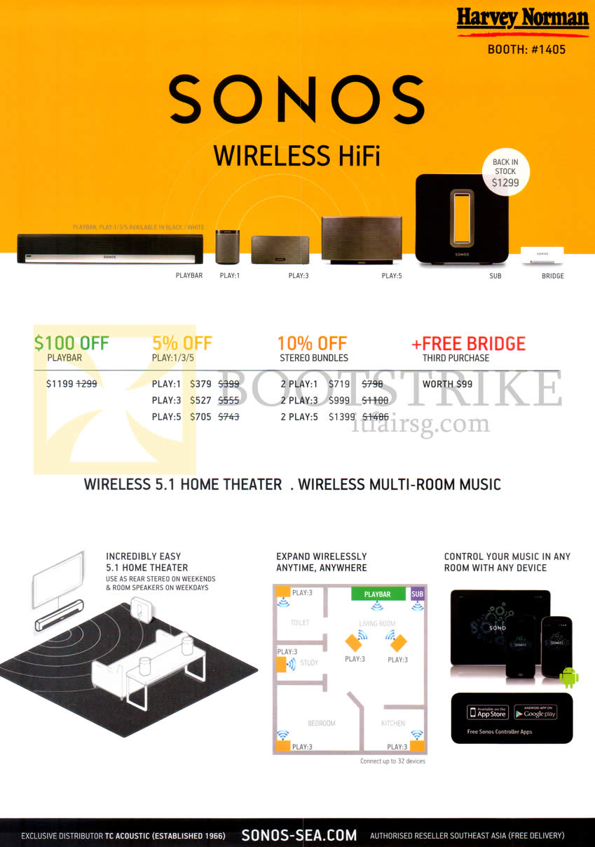 IT SHOW 2014 price list image brochure of Harvey Norman Sonos Wireless Home Theatre System Playbar, Sub, Bridge
