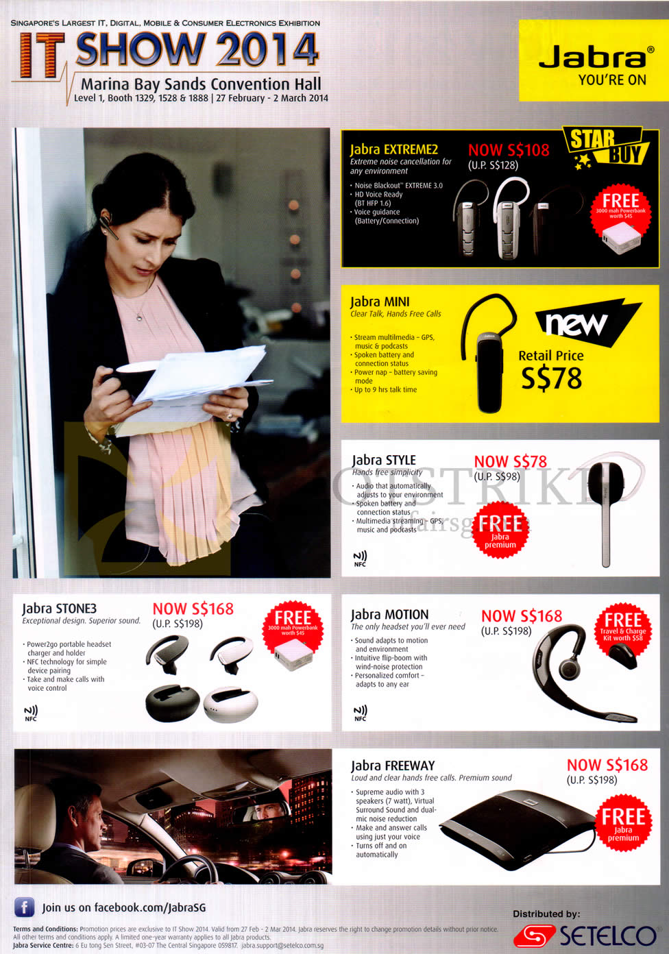 IT SHOW 2014 price list image brochure of Jabra Bluetooth Headsets Extreme2, Mini, Style, Motion, Stone3, Freeway