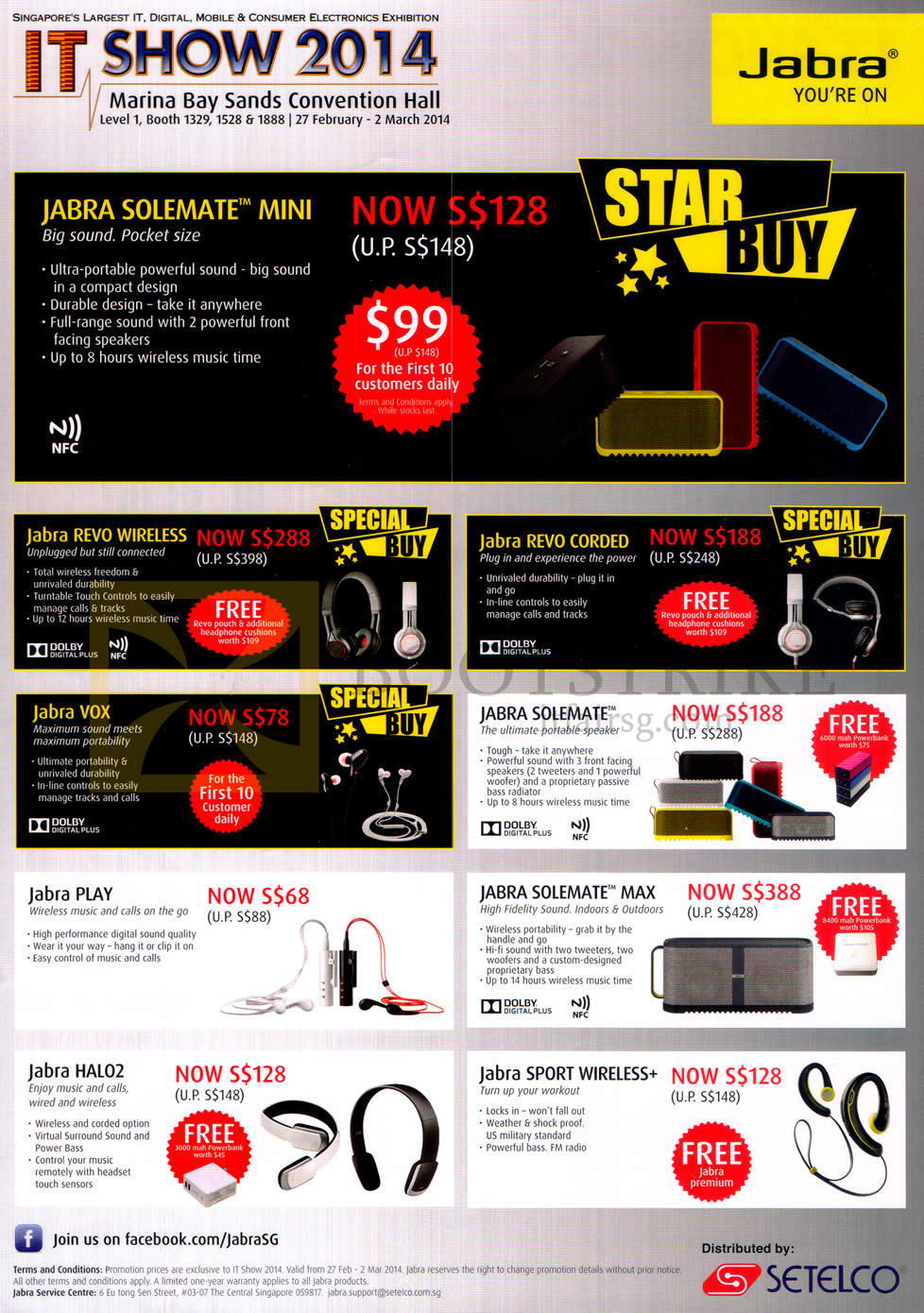 IT SHOW 2014 price list image brochure of Jabra Bluetooth Headsets, Speakers, Revo Wireless, Revo, Vox, Solemate, Play, Hal02, Sport Wireless Plus, Solemate Mini Max