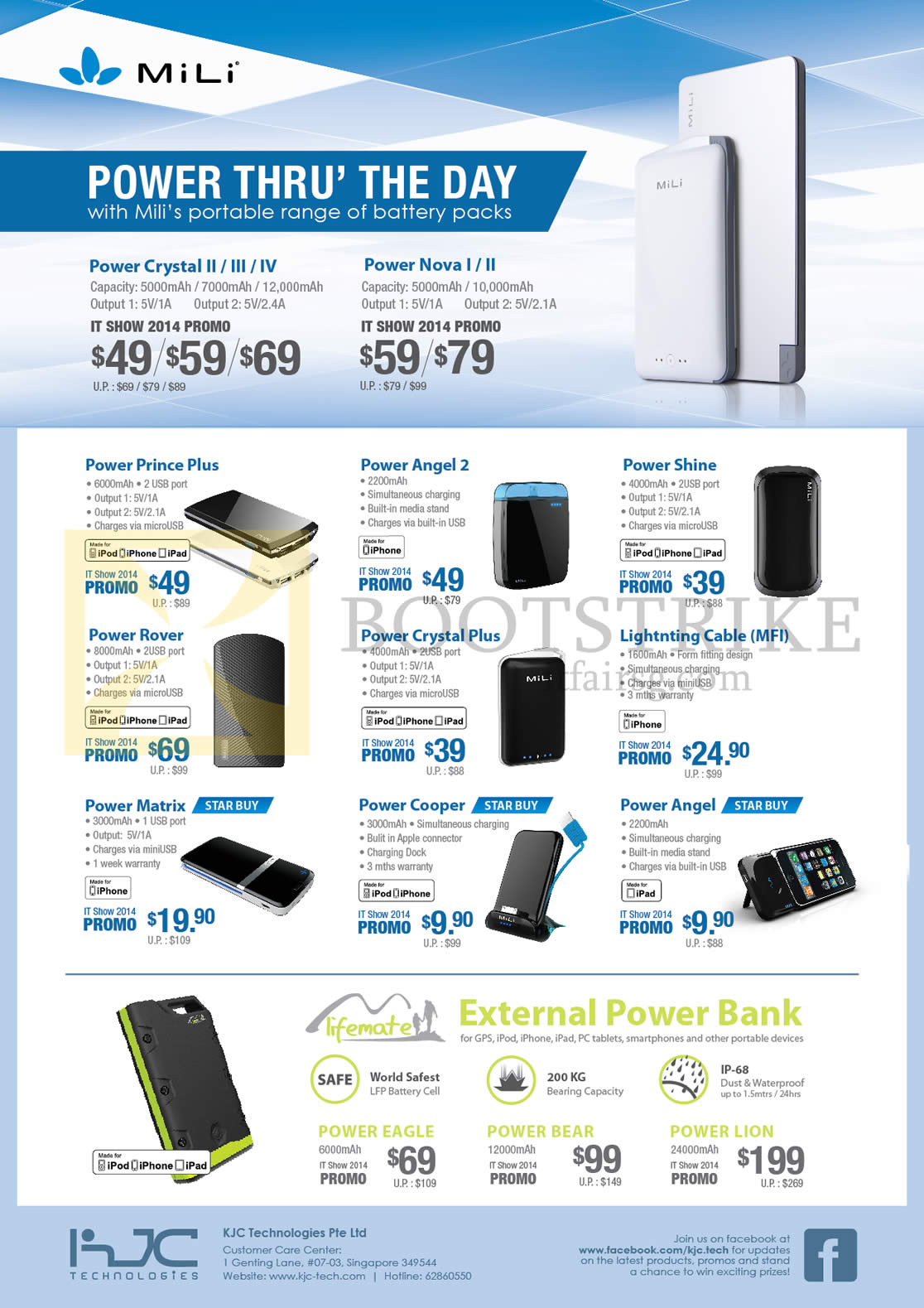 IT SHOW 2014 price list image brochure of KJC Mili Power Bank Battery Crystal, Nova, Prince, Angel, Rover, Shine, Matrix, Cooper, Lifemate Eagle, Bear, Lion