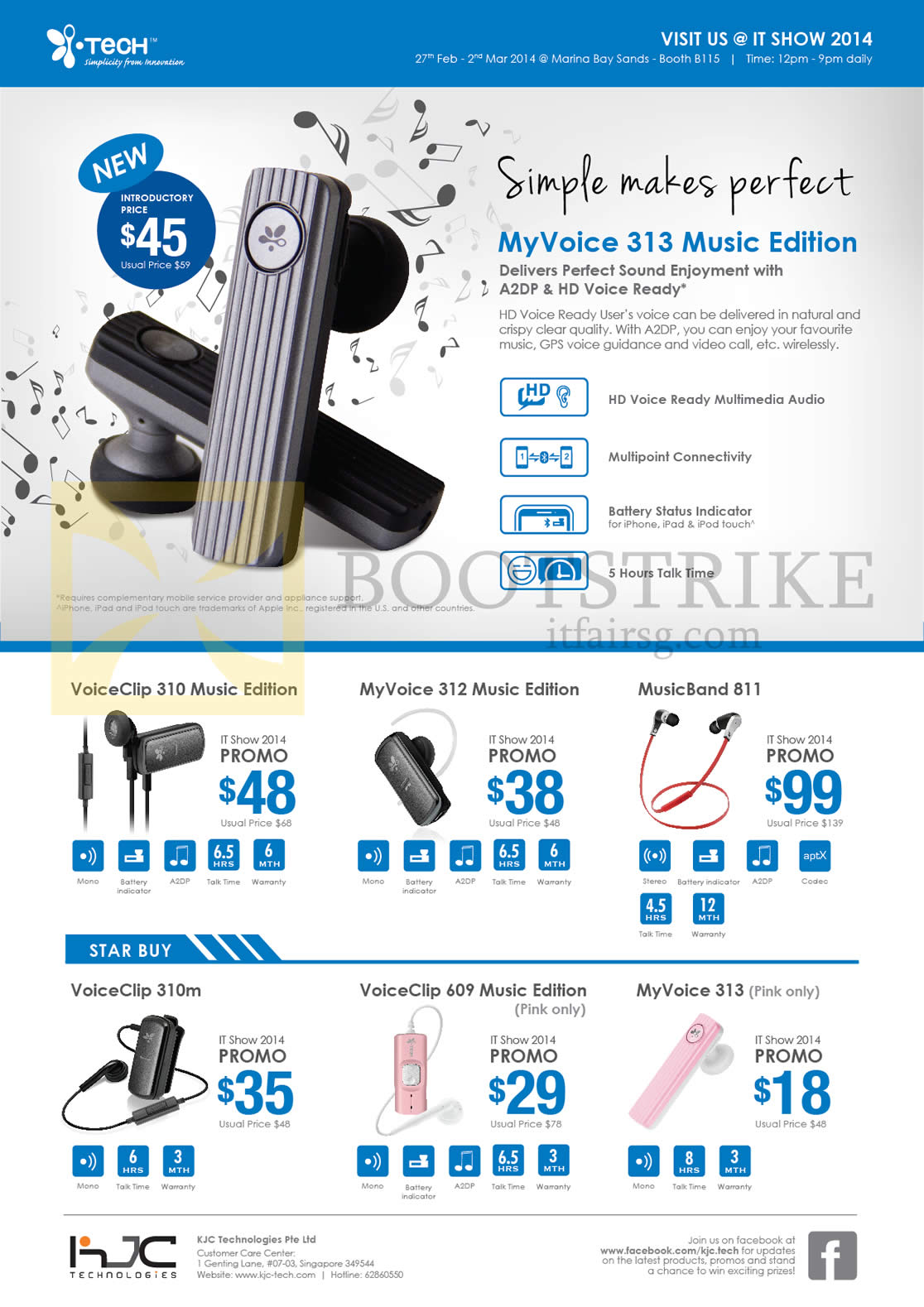 IT SHOW 2014 price list image brochure of KJC ITech MyVoice 313 Bluetooth Headset, VoiceClip 310, MyVoice 312, MusicBand 811, 310m, 609