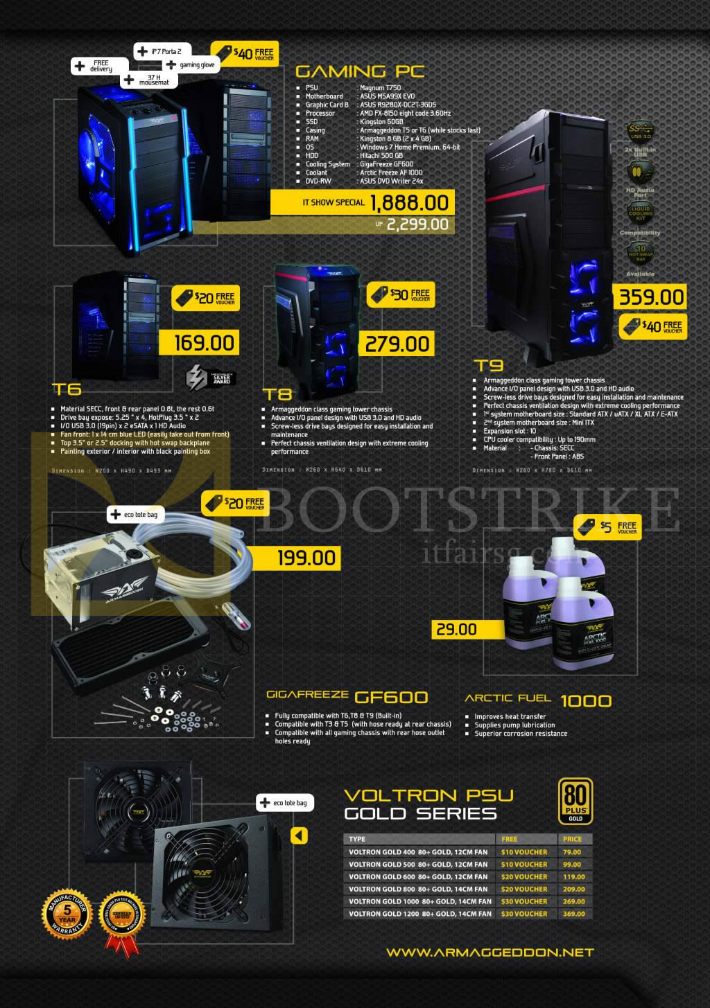 IT SHOW 2014 price list image brochure of Leap Frog Armaggeddon Desktop PCs Gaming, T6 T8 T9, Gigafreeze, Arctic Fuel, Voltron PSU Gold Series