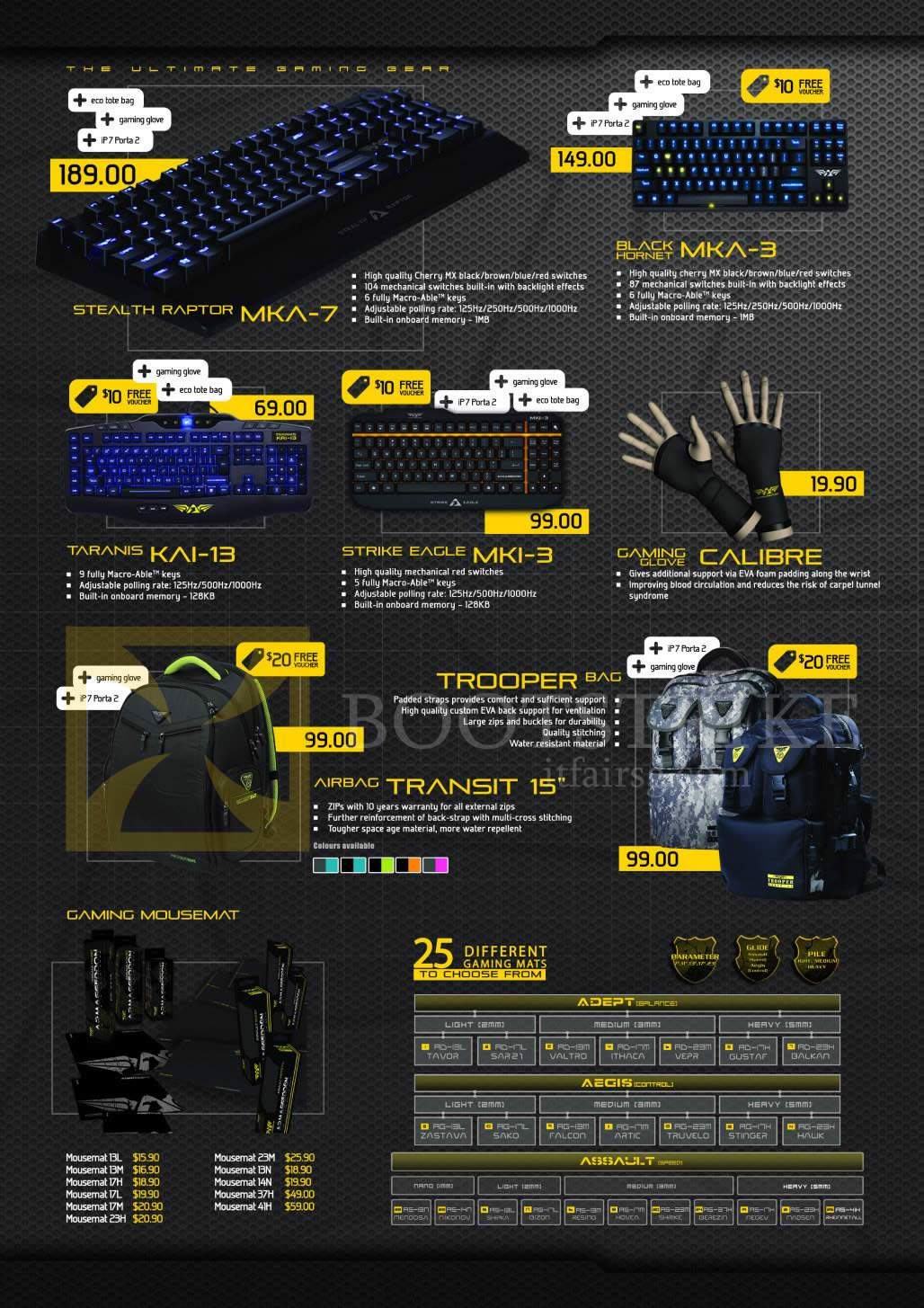 IT SHOW 2014 price list image brochure of Leap Frog Armaggeddon Keyboards Stealth Raptor, Black Hornet MKA, Taranis, Strike Eagle, Gaming Glove, Bags, Mouse Pad