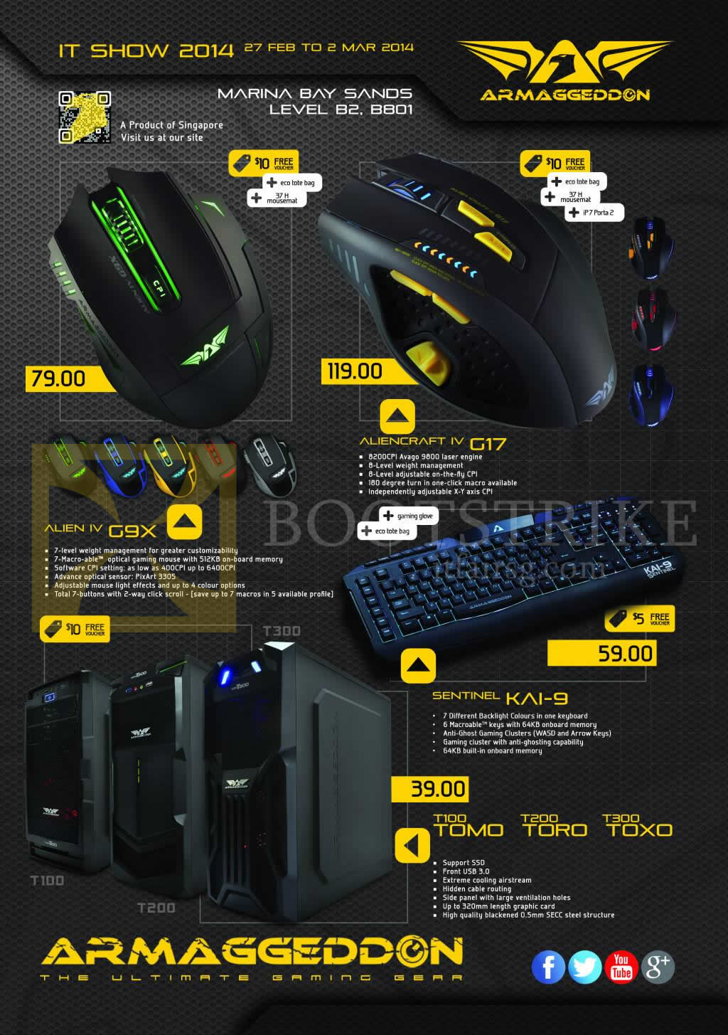 IT SHOW 2014 price list image brochure of Leap Frog Armaggeddon Mouse Alien IV G9X, Aliencraft IV G17, Sentinel Kai-9 Keyboard, Casing T100 Tomo, T200 Toro, T300 Toxo