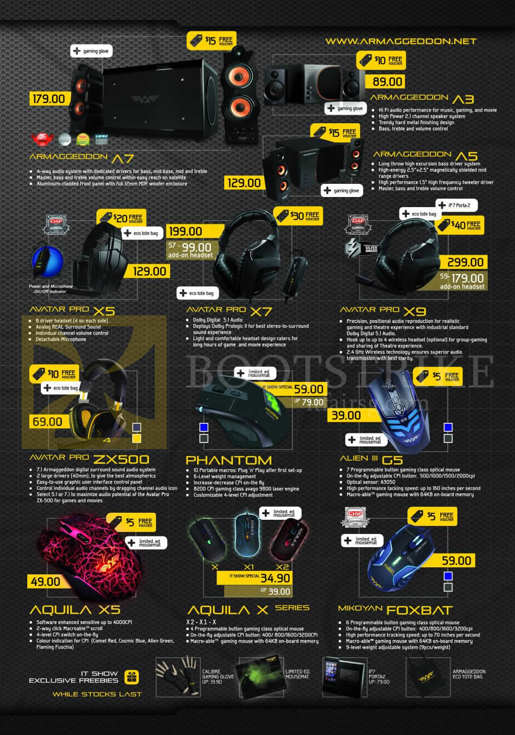 IT SHOW 2014 price list image brochure of Leap Frog Armaggeddon Speakers A7 A3 A5, Headphones Avatar Pro X5 X7 X9 XZ500, Phantom, Alien III, Squila, Mikoyan Foxbat