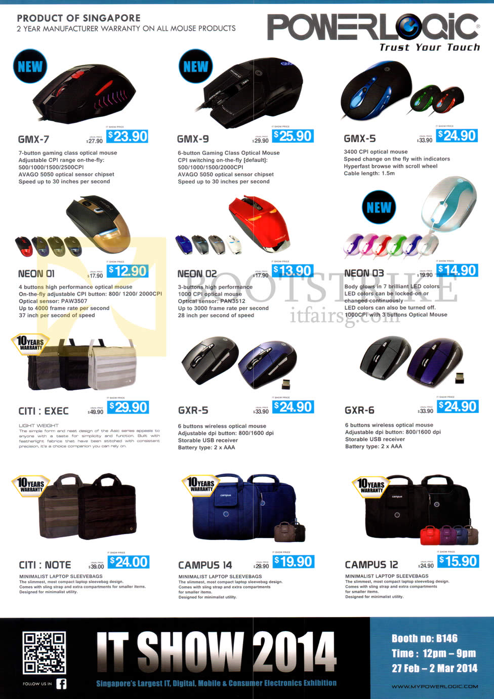 IT SHOW 2014 price list image brochure of Leap Frog Powerlogic Mouse Bags GMX-7, GMX-9, GMX-5, Meon O1, Meon )2, Meon 03, Citi Exec, GXR-5, GXR-6, Citi-Note, Camps 14, Campus 12