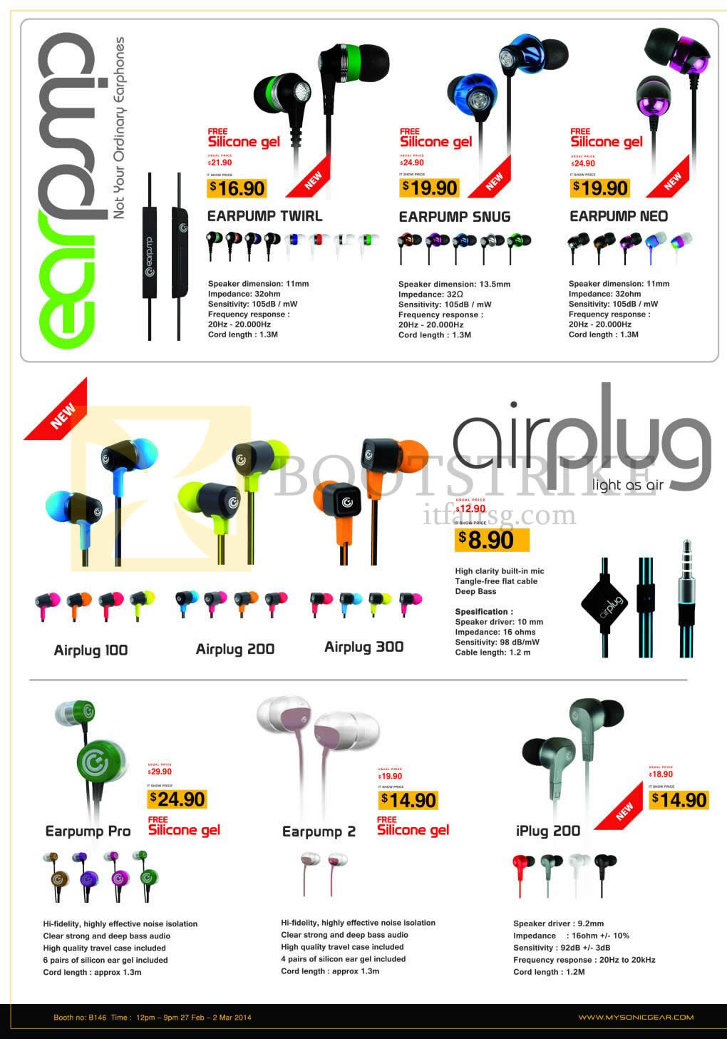 IT SHOW 2014 price list image brochure of Leap Frog Sonic Gear Earphones Earpump Twirl Snug Neo, Airplug 100 200 300, IPlug 200