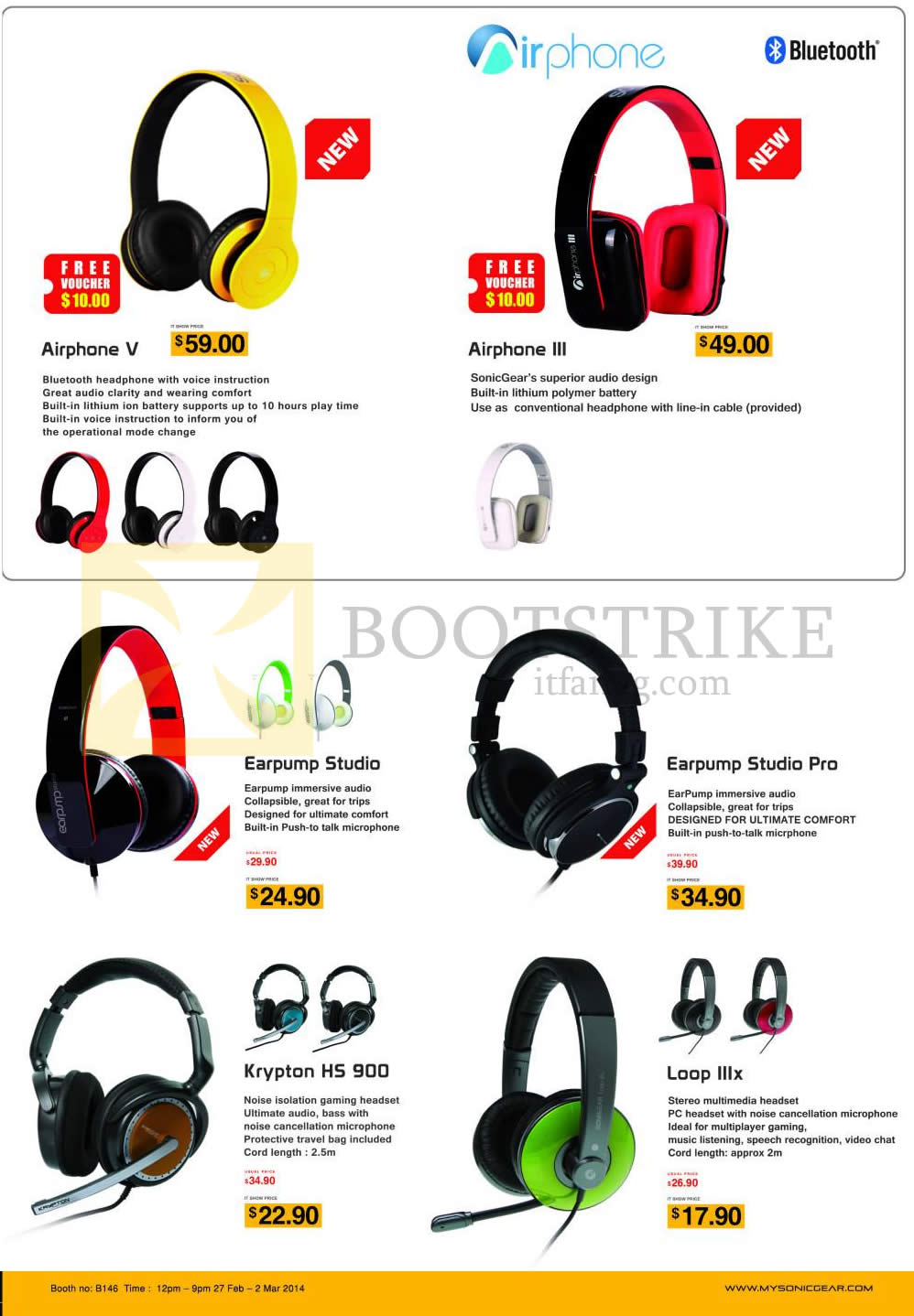 IT SHOW 2014 price list image brochure of Leap Frog Sonic Gear Headphones Airphone V III, Earpump Studio Pro, Krypton HS, Loop