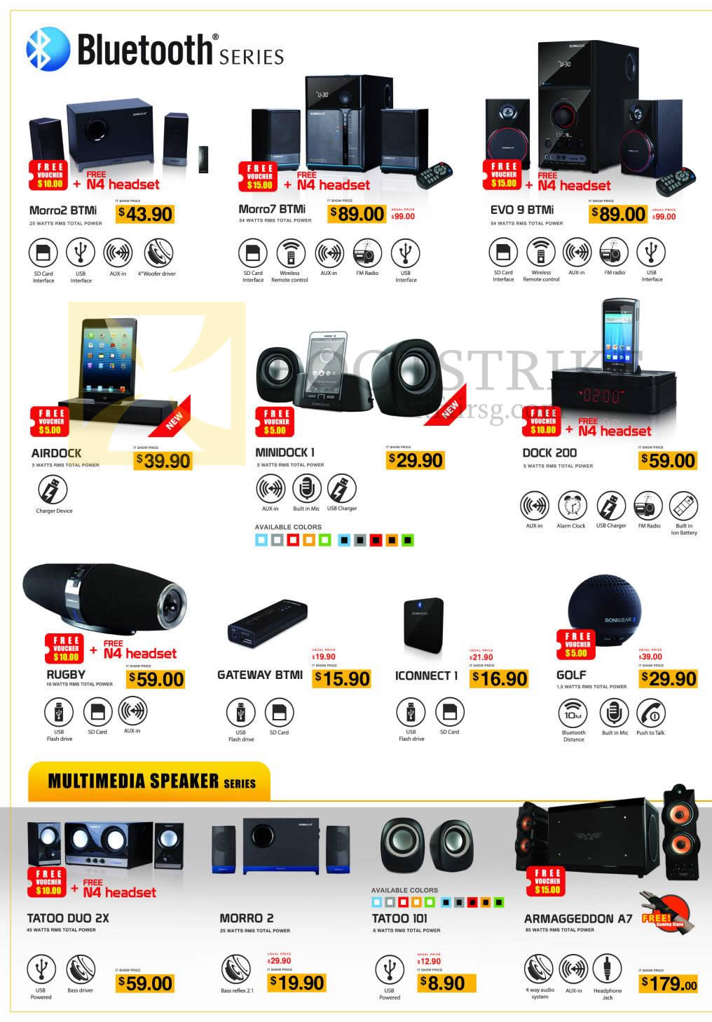 IT SHOW 2014 price list image brochure of Leap Frog Sonic Gear Speakers Bluetooth Morro, Evo, Airdock, MiniDock, Rugby, Gateway, Golf, Tatoo Duo, Armaggeddon A7