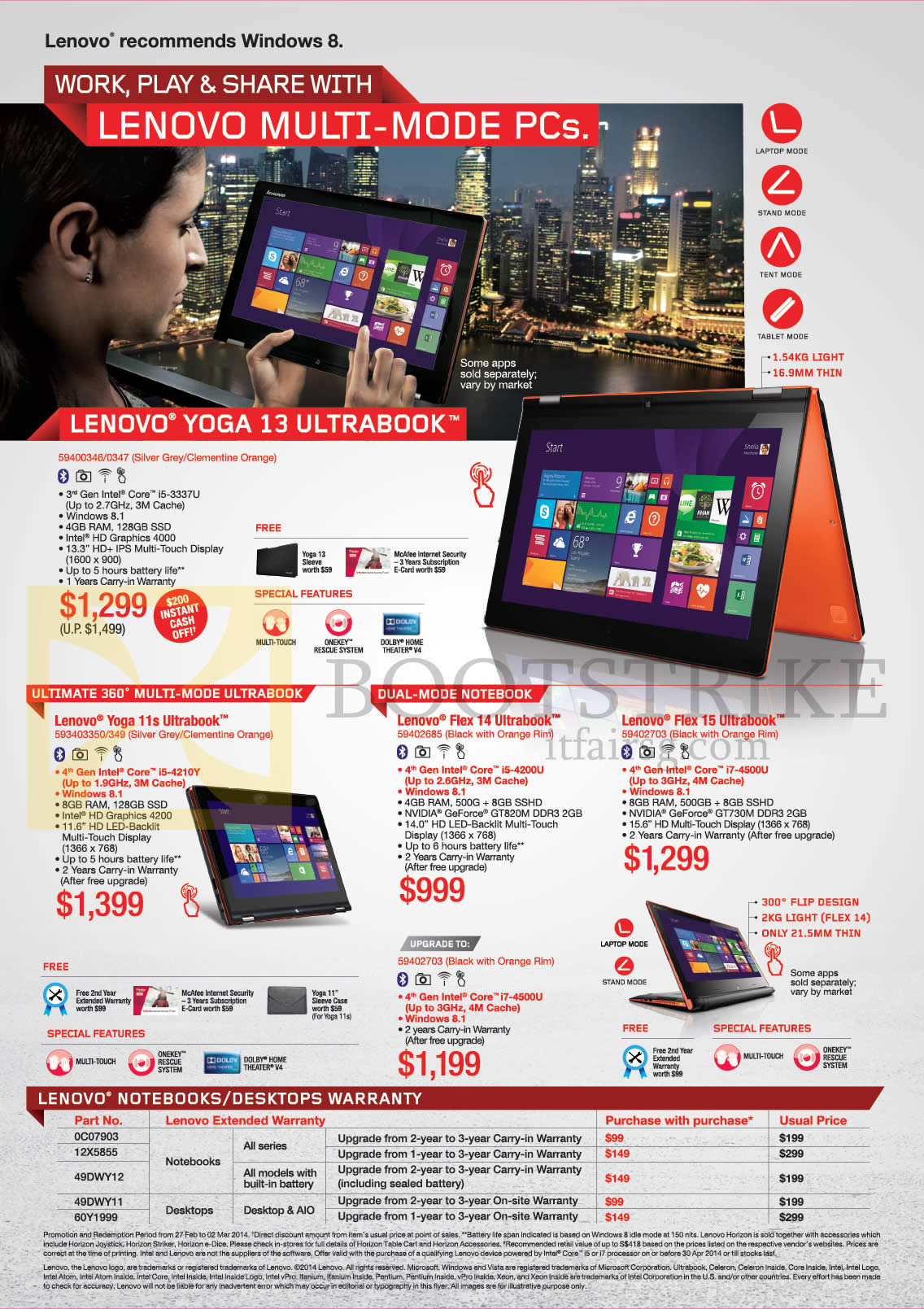 IT SHOW 2014 price list image brochure of Lenovo Notebooks Yoga 13, 11s, Flex 14, 15, Extended Warranty