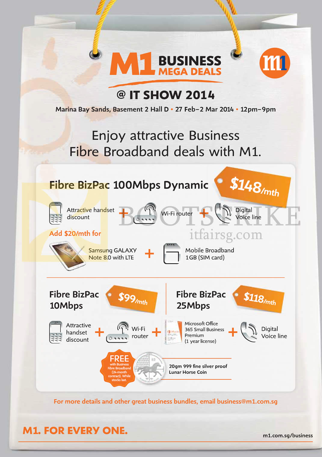 IT SHOW 2014 price list image brochure of M1 Business Fibre Broadband BizPac 100Mbps Dynamic, 10Mbps, 25Mbps