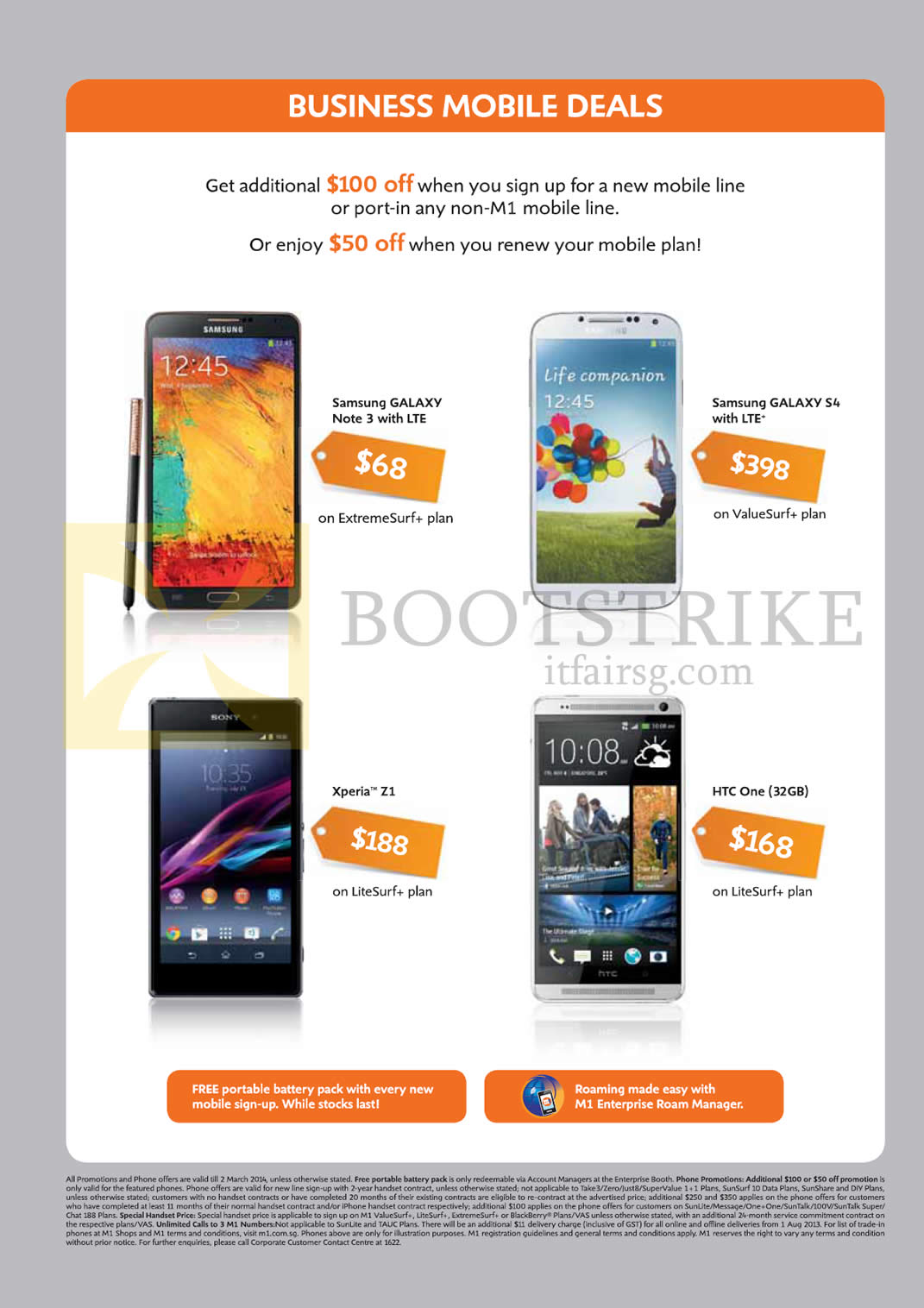IT SHOW 2014 price list image brochure of M1 Business Samsung Galaxy Note 3, S4, Z1, HTC One