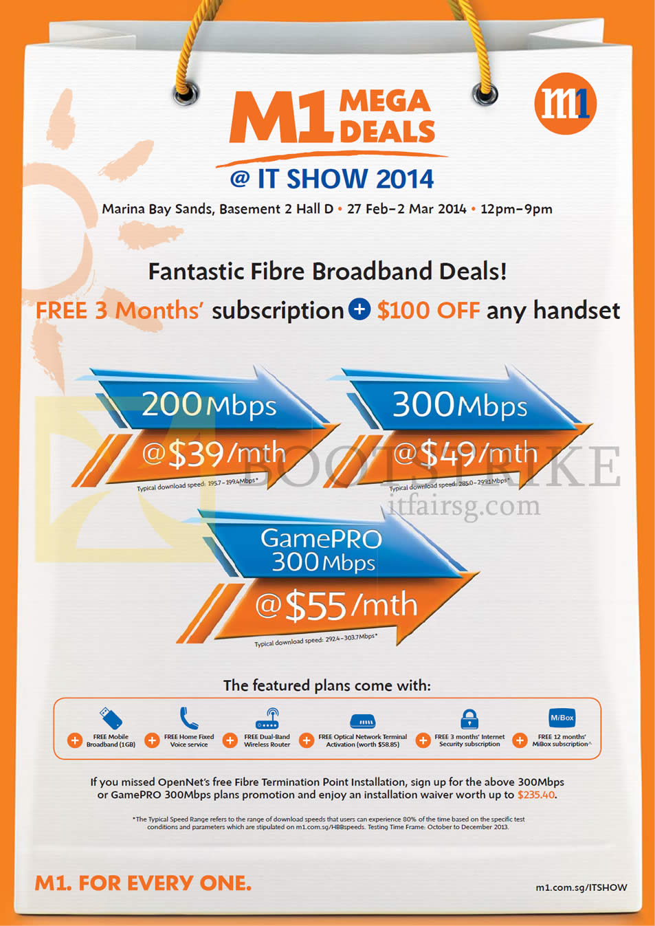 IT SHOW 2014 price list image brochure of M1 Fibre Broadband Free 3 Months 200Mbps 39.00, 300Mbps 49.00, GamePro 55.00, 100 Dollar Off Handset