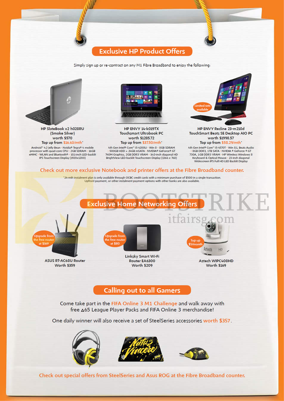 IT SHOW 2014 price list image brochure of M1 Fibre Broadband HP Notebooks SlateBook X2 H028RU, Envy 14-k019tx, Envy Recline 23-m210d AIO Desktop PC, Routers Linksys ASUS Aztech