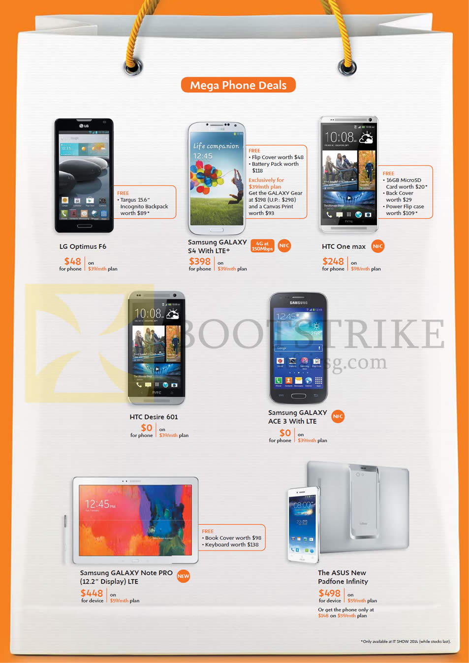 IT SHOW 2014 price list image brochure of M1 Mobile LG Optimus F6, Samsung Galaxy S4, Ace 3, Note Pro, HTC Desire 601, One Max, ASUS New Padfone Infinity