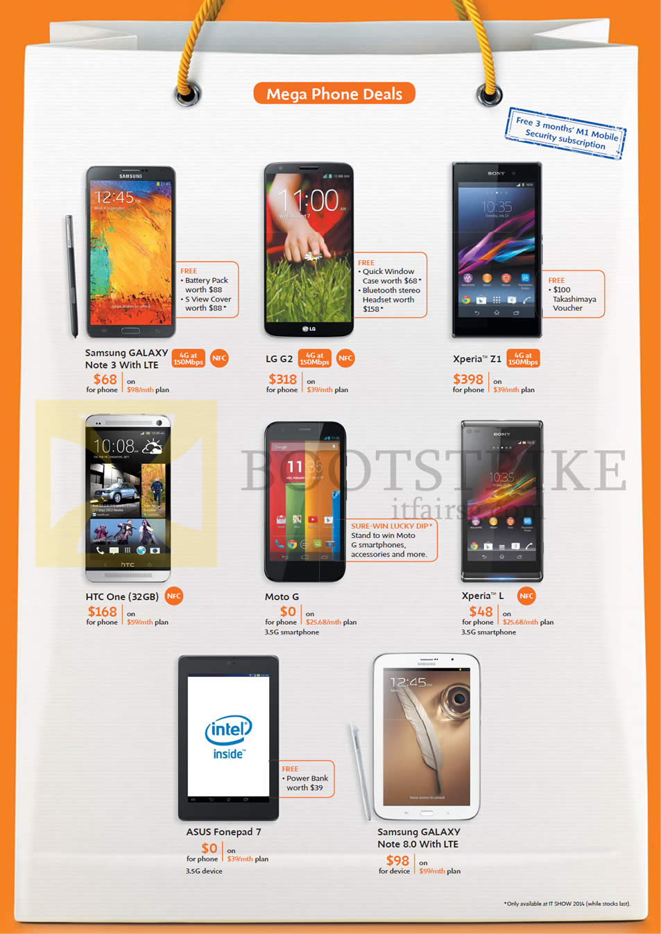 IT SHOW 2014 price list image brochure of M1 Mobile Samsung Galaxy Note 3 8.0, LG G2, Sony Xperia Z1, L, HTC One, Moto G, ASUS Fonepad 7