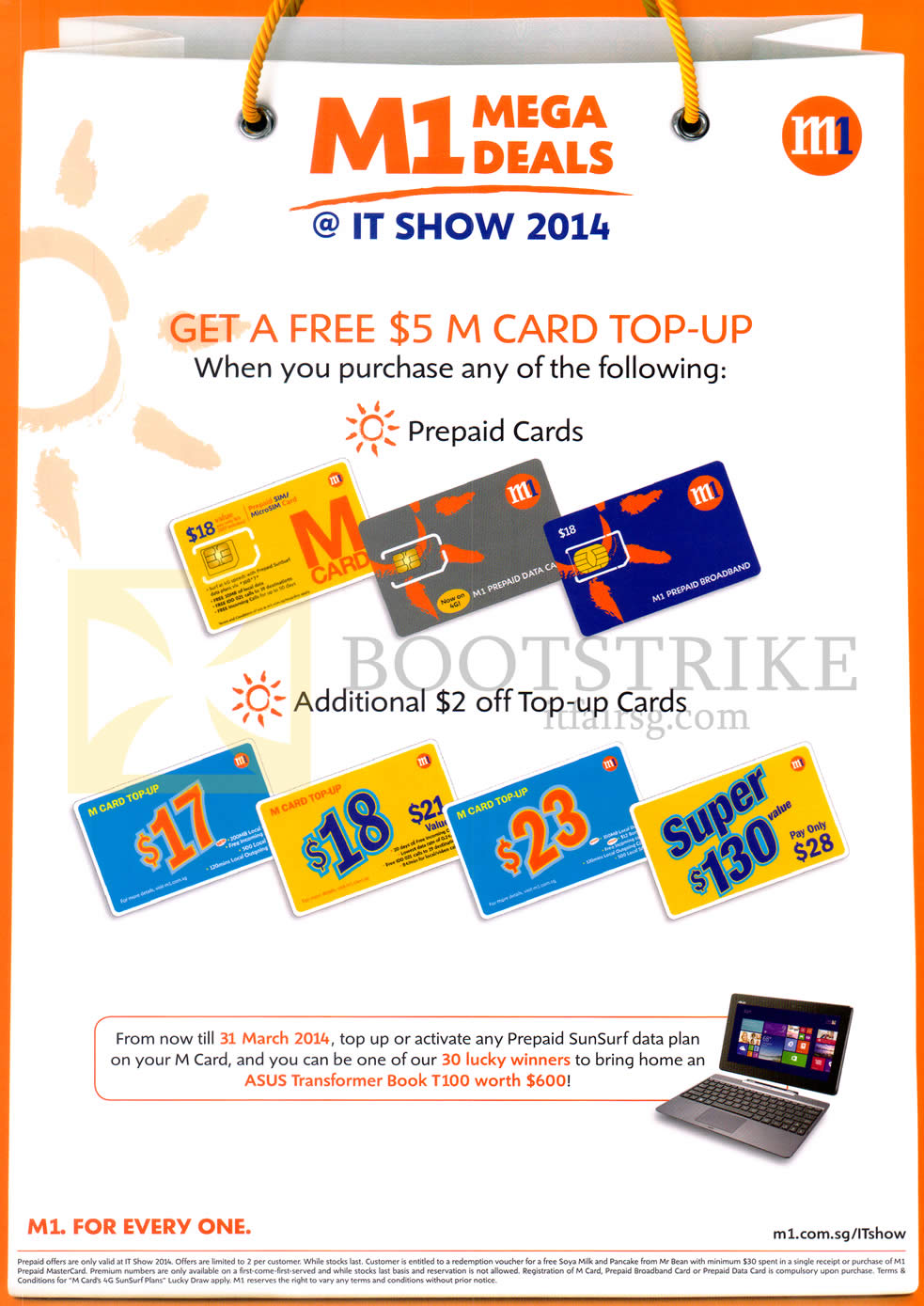IT SHOW 2014 price list image brochure of M1 Prepaid Free 5 Dollar M Card Top Up, Additional 2 Dollar Off Top-up Cards