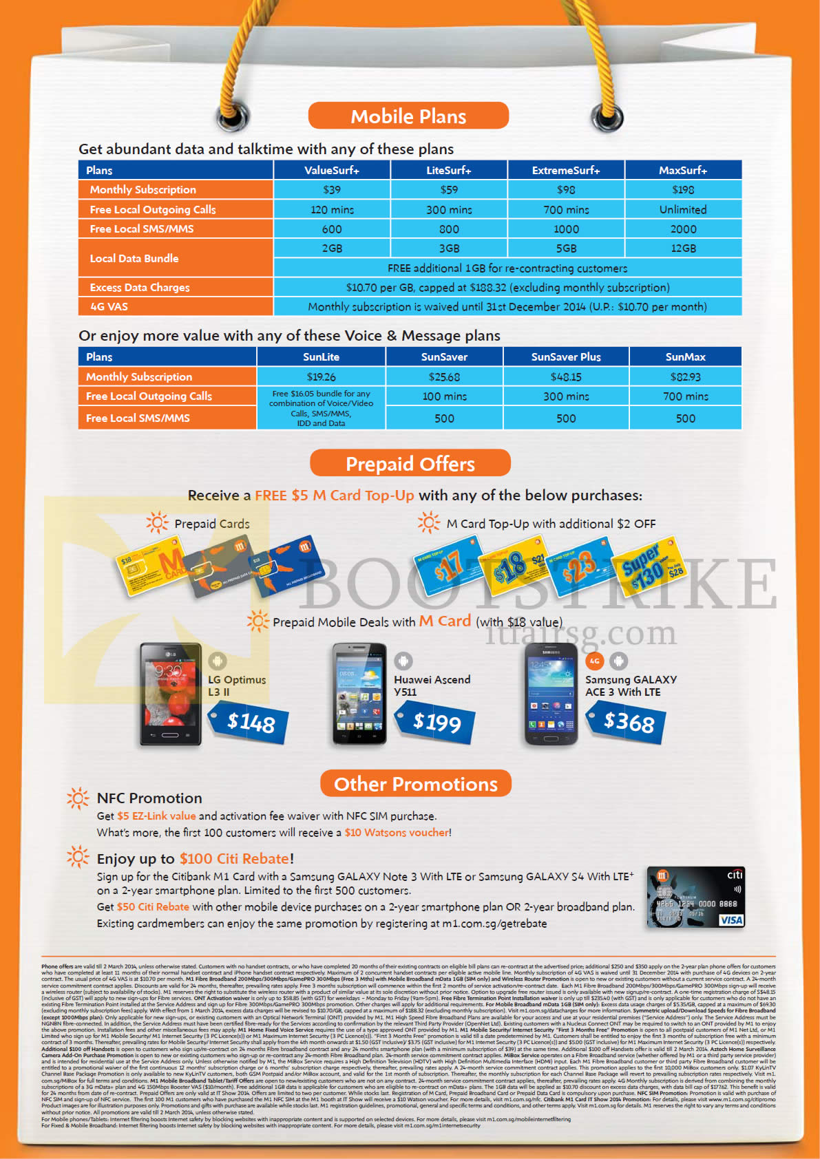 IT SHOW 2014 price list image brochure of M1 Prepaid M Card, Mobile Plans ValueSurf LiteSurf ExtremeSurf MaxSurf SunLite Sunsaver Plus SunMax, LG Optimus L3 II, Huawei Ascend Y511, Samsung Galaxy Ace 3, Citibank