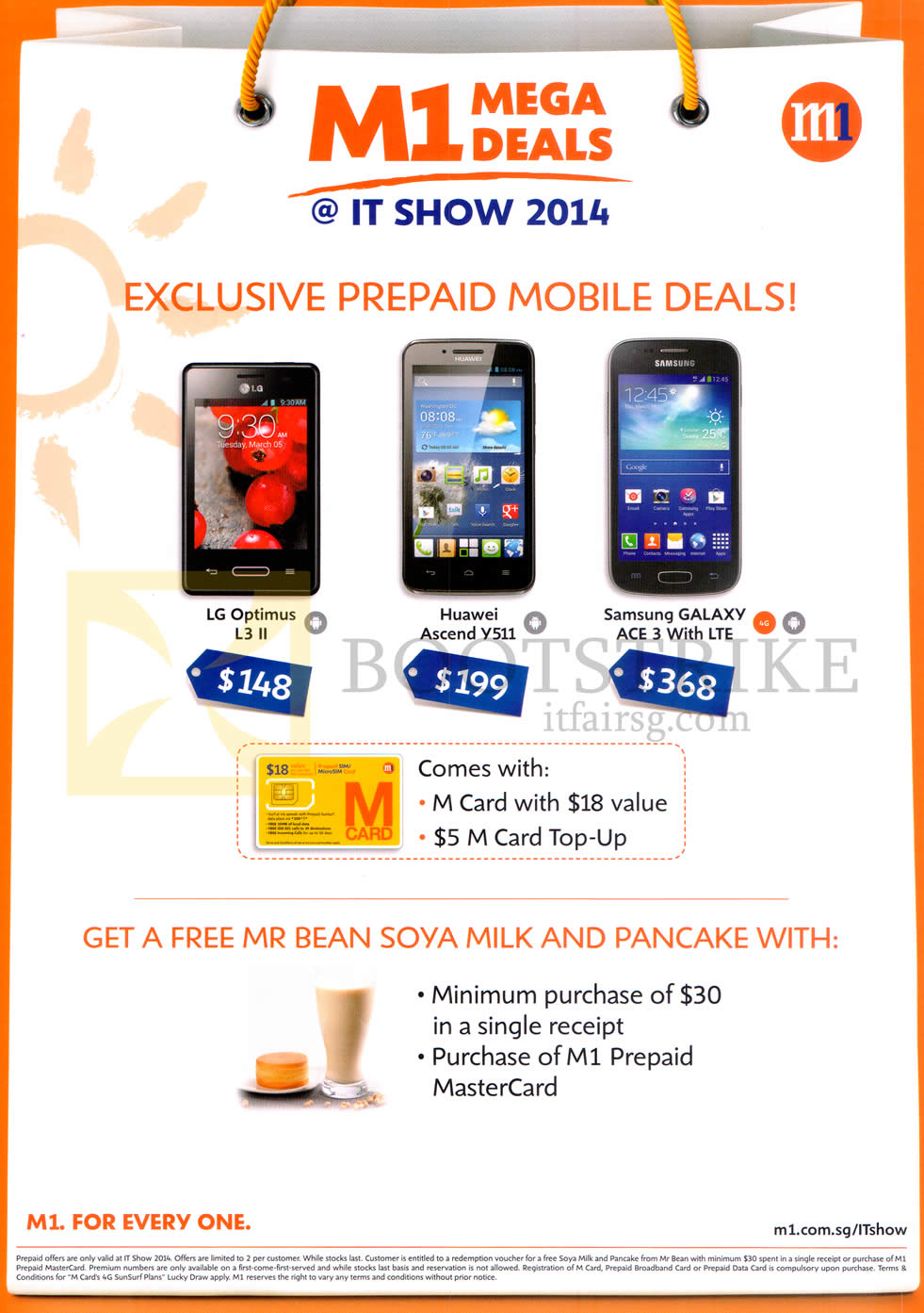 IT SHOW 2014 price list image brochure of M1 Prepaid Mobile Deals LG Optimus L3 II, Huawei Ascend Y511, Samsung Galaxy Ace 3