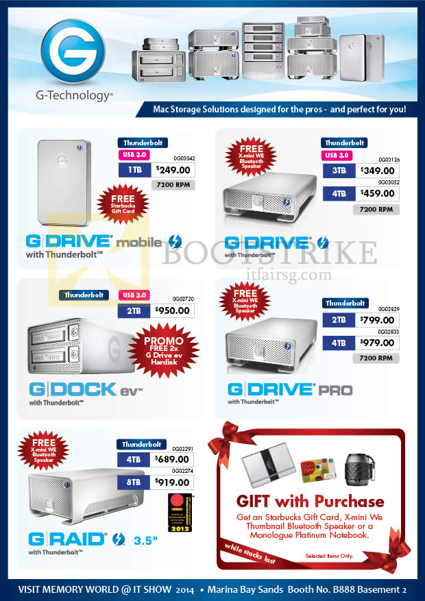 IT SHOW 2014 price list image brochure of Memory World G Technology External Storage Thunderbolt G Drive Mobile, Dock EV, Pro, Raid 1TB 2TB 3TB 4TB 8TB