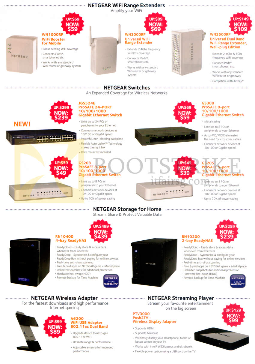 IT SHOW 2014 price list image brochure of NetGear Networking Wireless Extenders, Switches, NAS Storage, Wireless Adapter, Streaming Player WN1000RP, 3000RP, 3500RP, JGS524E, GS308, 205, 208, RN10400, 10200