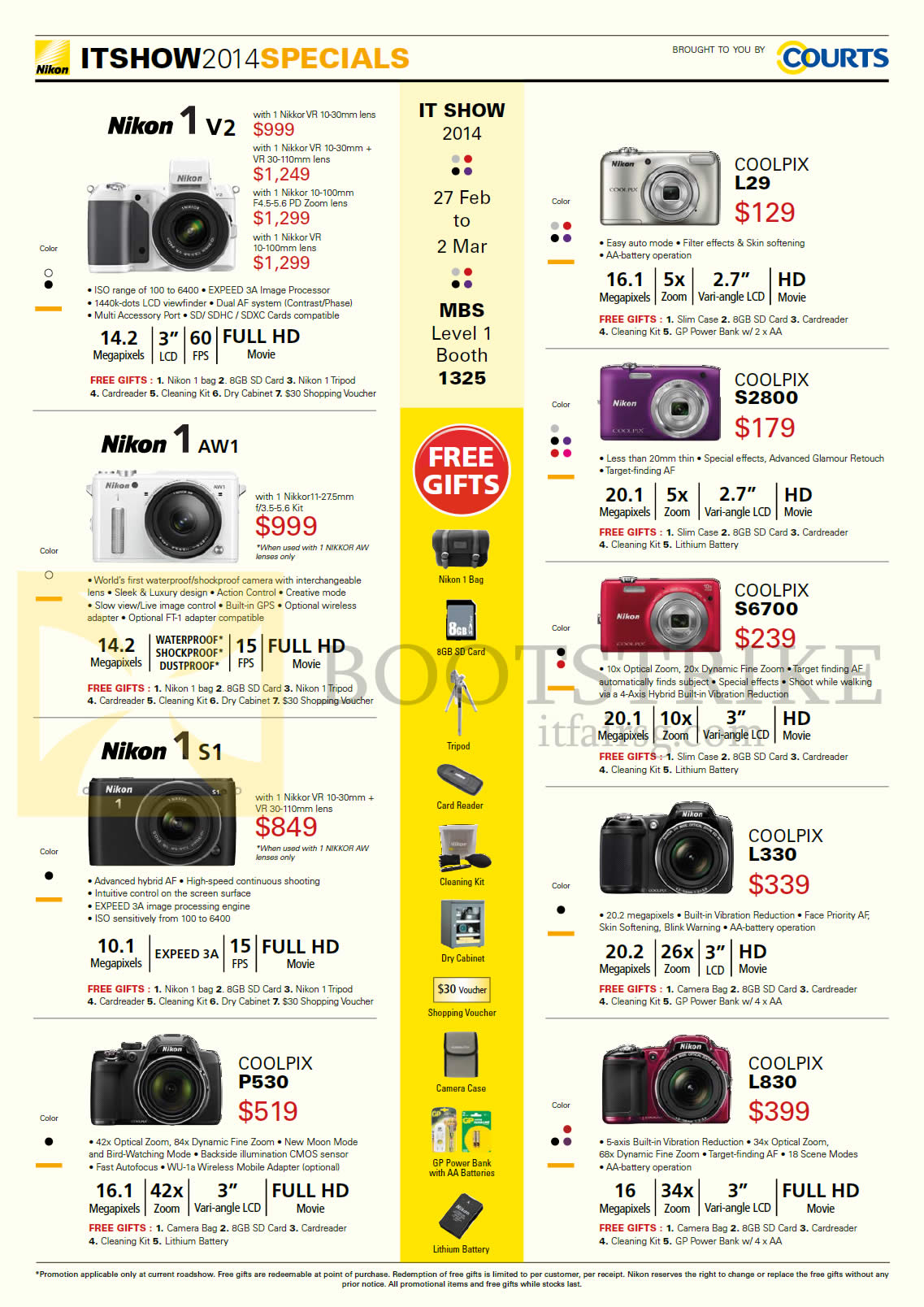 IT SHOW 2014 price list image brochure of Nikon Digital Cameras 1 V2, 1 AW1, 1 S1, Coolpix P530, L29, S2800, S6700, L330, L830