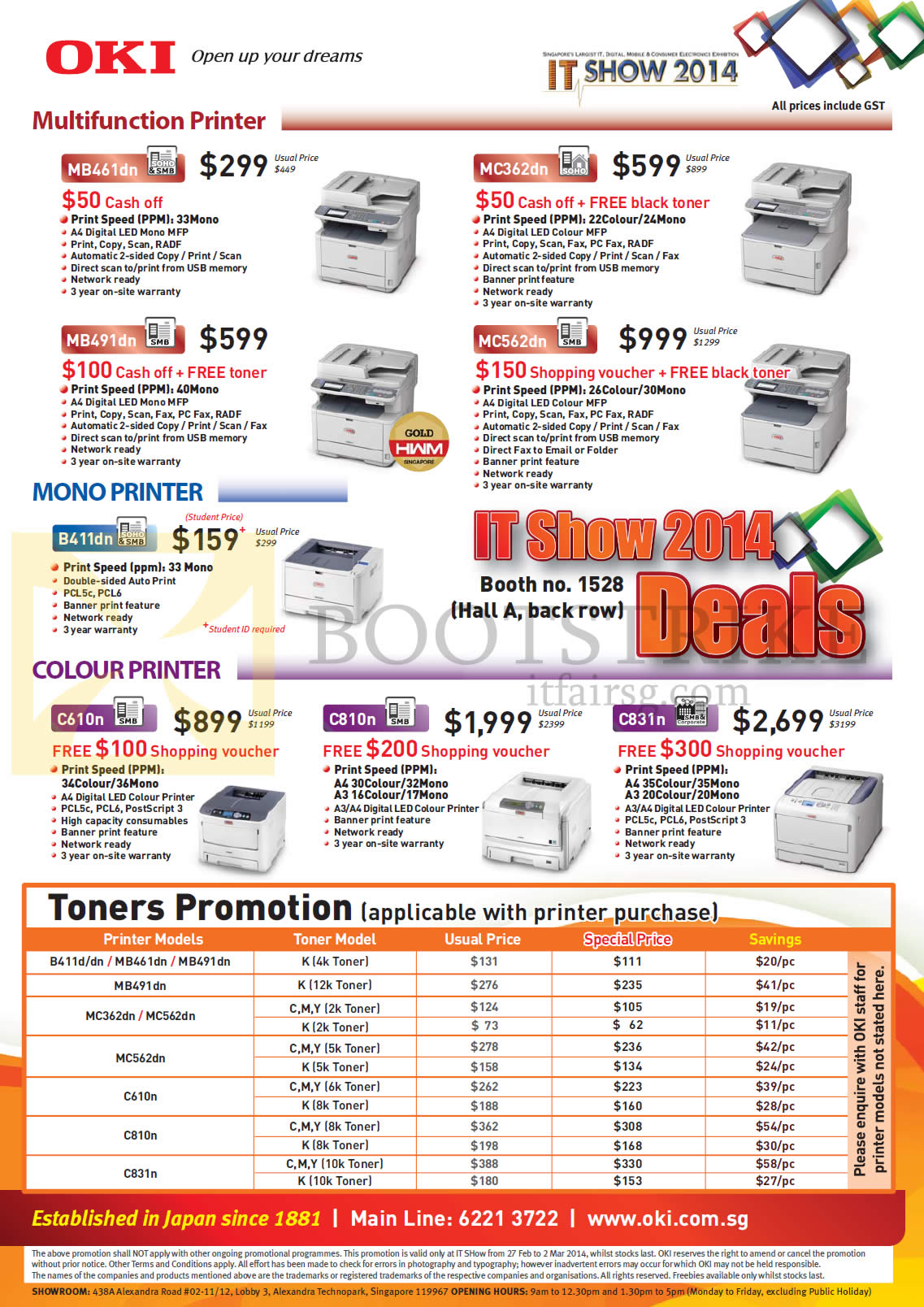 IT SHOW 2014 price list image brochure of OKI Newstead Printers LED, Toners, MB461dn, MC362dn, MB491dn, MC562dn, B411dn, C610n, C810n, C831n