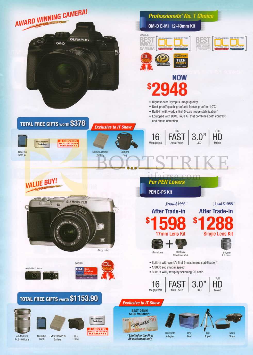 IT SHOW 2014 price list image brochure of Olympus Digital Cameras OM-D E-M1, Pen E-P5