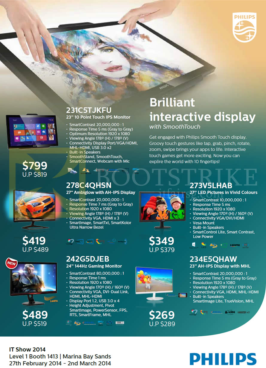 IT SHOW 2014 price list image brochure of Philips Monitors Newstead IPS 231C5TJKFU, 278C4QHSN, LED 273V5LHAB, 242G5DJEB, 234E5QHAW