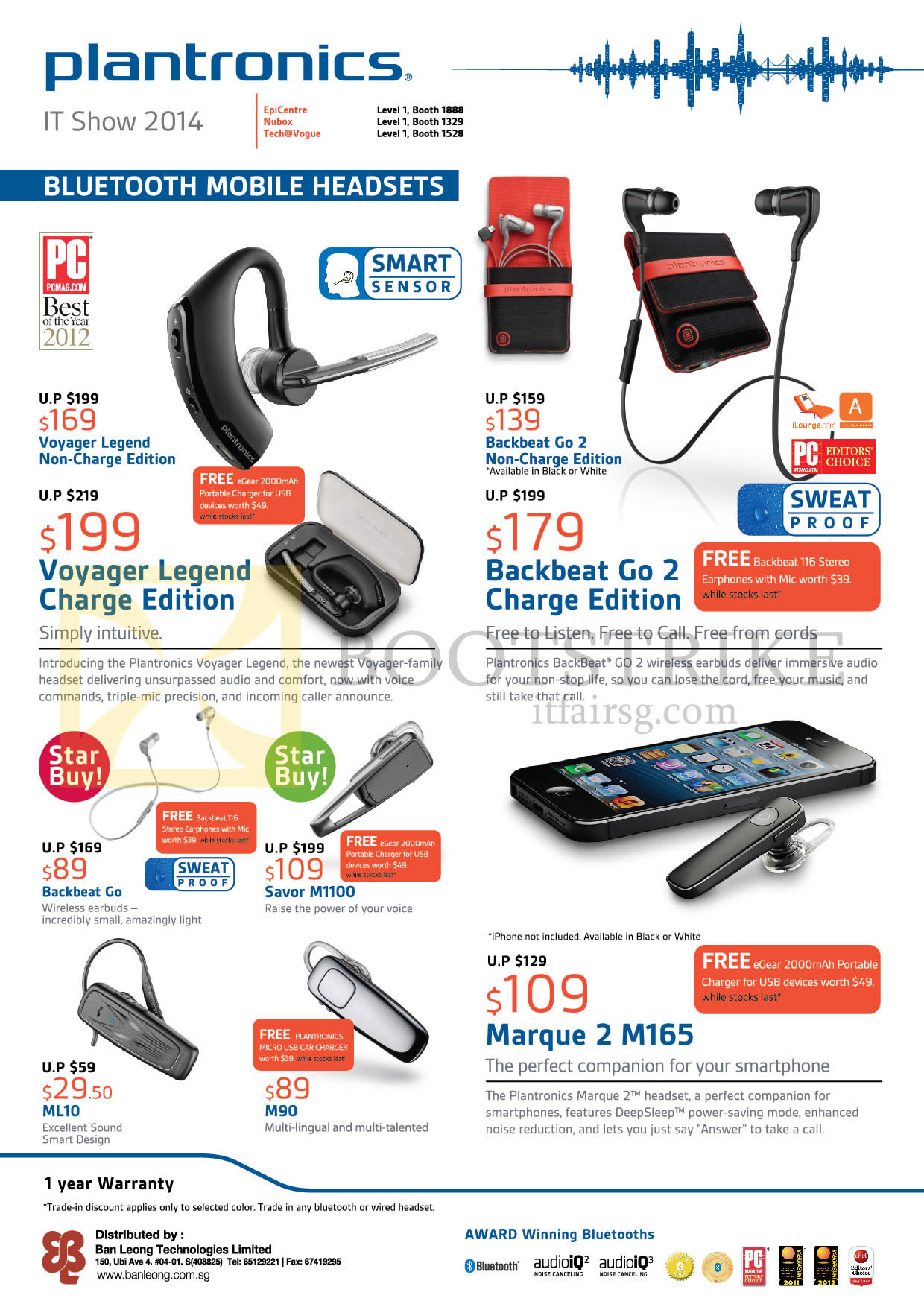 IT SHOW 2014 price list image brochure of Plantronics Prices Bluetooth Mobile Headsets Voyager Legend, Backbeat Go 2, Savor M1100, ML10, M90, Marque 2 M165