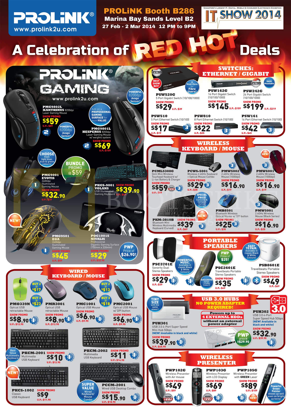 IT SHOW 2014 price list image brochure of Prolink Cybermind Switches Ethernet, Gigabit, Wireless Keyboard, Mouse, Portable Speakers, USB 3.0 Hubs, Wireless Presenter, Mouse