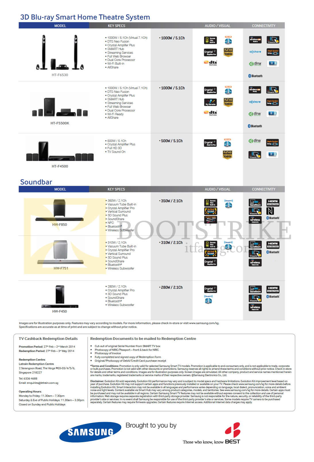 IT SHOW 2014 price list image brochure of Samsung Best Denki (No Prices) Home Theatre Systems, Soundbars, HT-F6530, F5500K, F4500, HW-F850, F751, F450