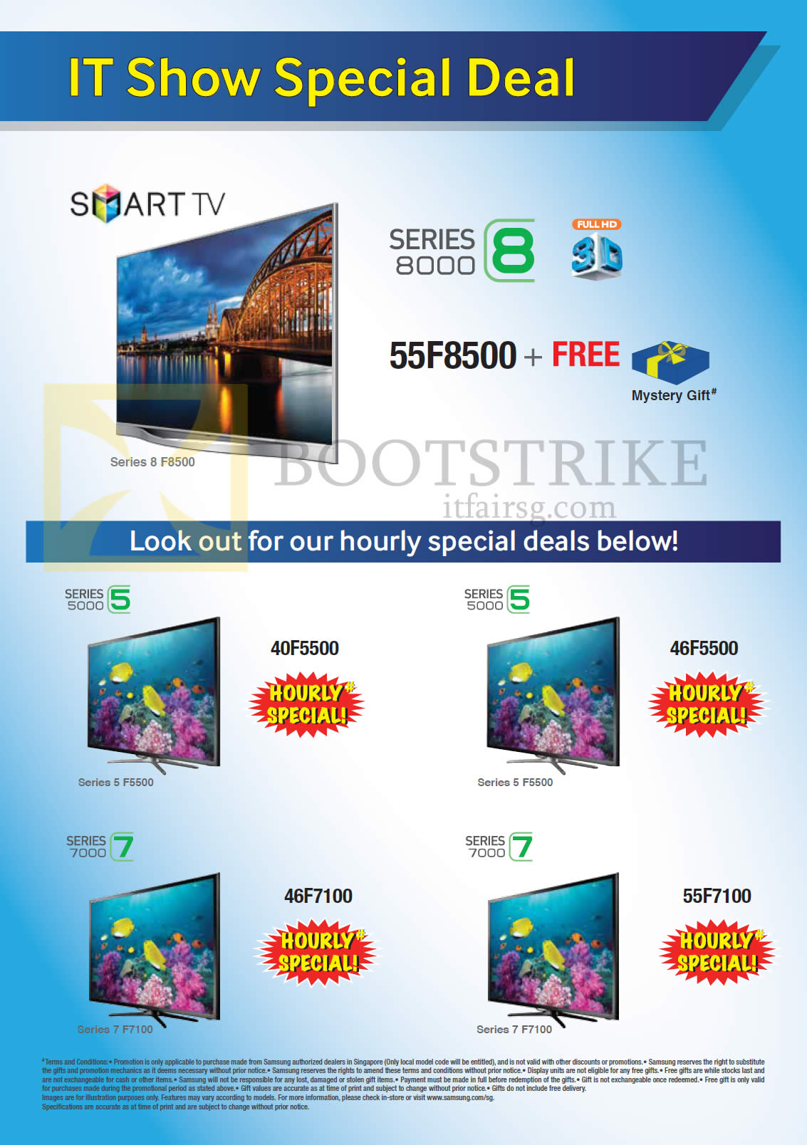 IT SHOW 2014 price list image brochure of Samsung Best Denki (No Prices) TVs 55F8500, 40F5500, 46F5500, 46F7100, 55F7100