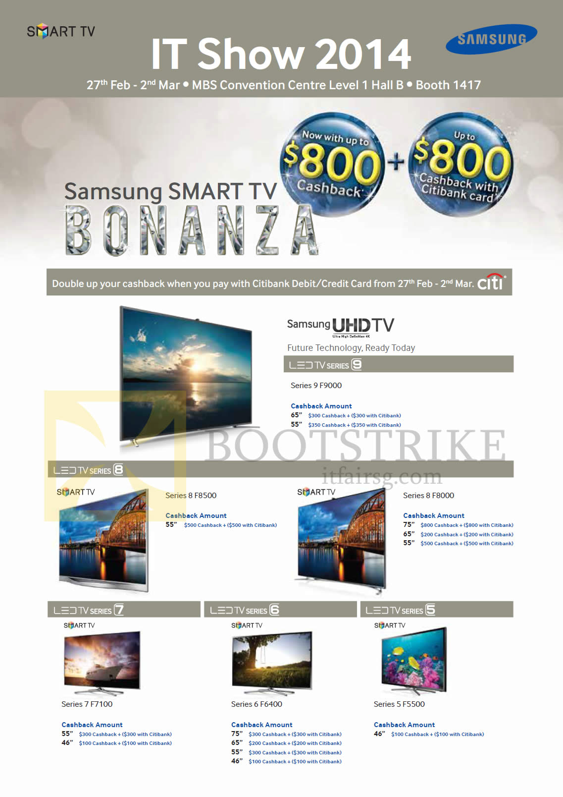IT SHOW 2014 price list image brochure of Samsung Best Denki (No Prices) TVs F8500, F8000, F7100, F6400, F5500