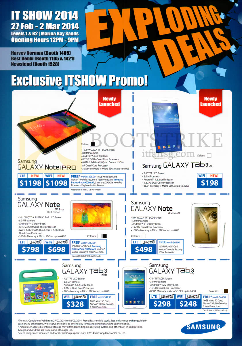 IT SHOW 2014 price list image brochure of Samsung Galaxy Note Pro, Tab 3 LTE, Kids, Note 10.1 LTE, Note 8