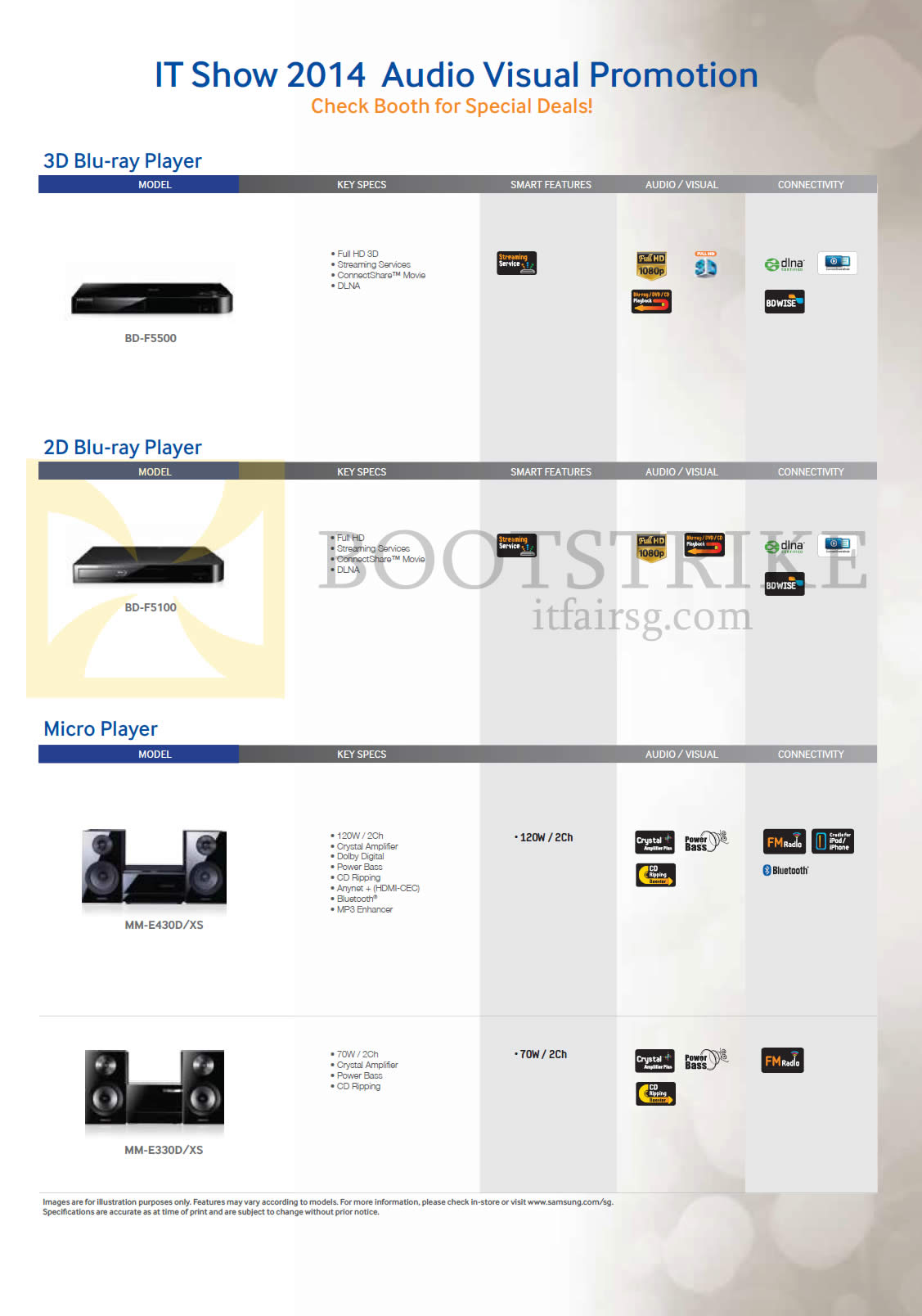 IT SHOW 2014 price list image brochure of Samsung Mega (No Prices) Blu Ray Players, Micro Players, BD-F5500, F5100, MM-E430D, E330D
