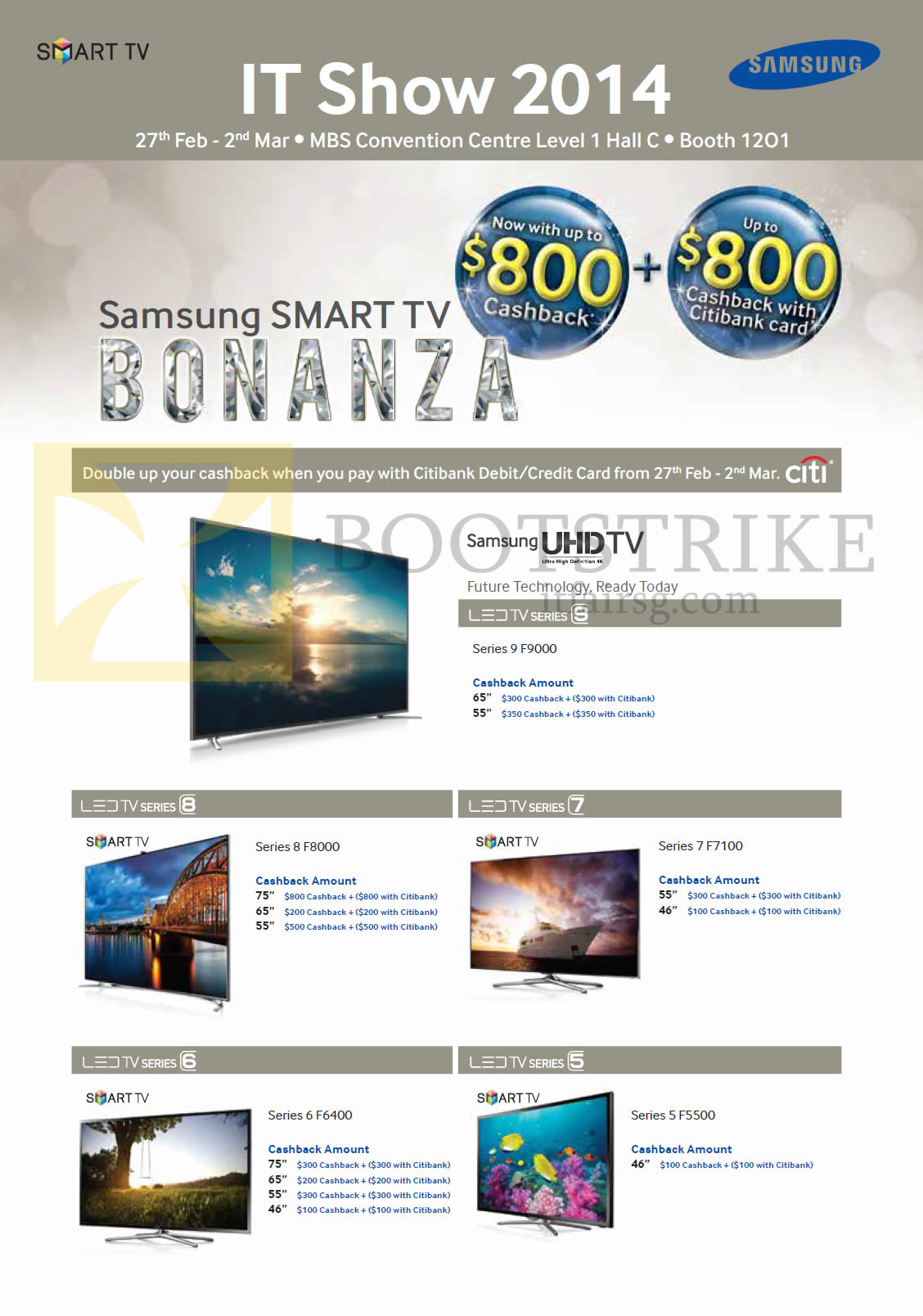 IT SHOW 2014 price list image brochure of Samsung Mega (No Prices) TVs F9000, F8000, F7100, F6400, F5500