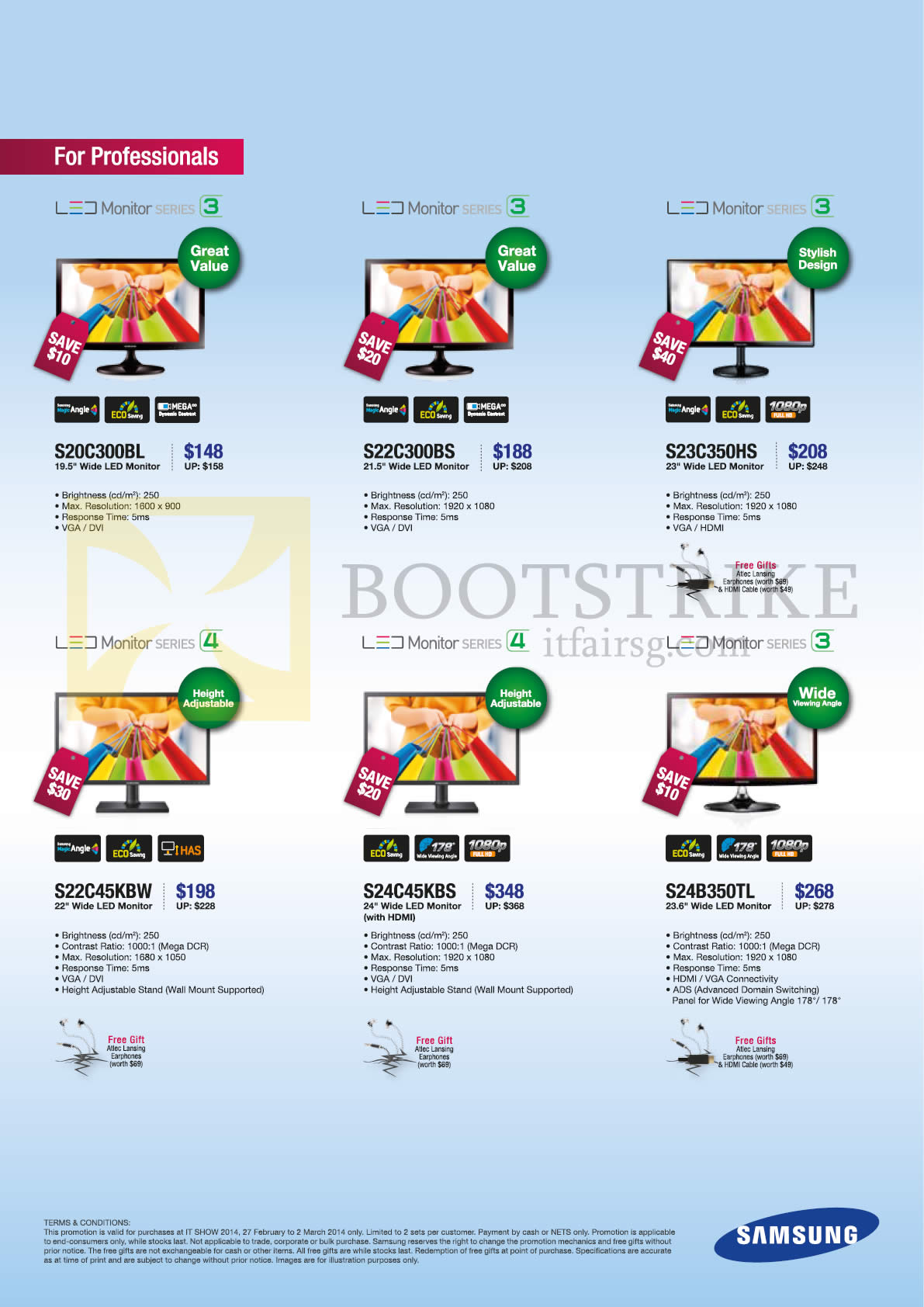 IT SHOW 2014 price list image brochure of Samsung Monitors LED S20C300BL, S22C300BS, S23C350HS, S22C45KBW, S24C45KBS, S24B350TL