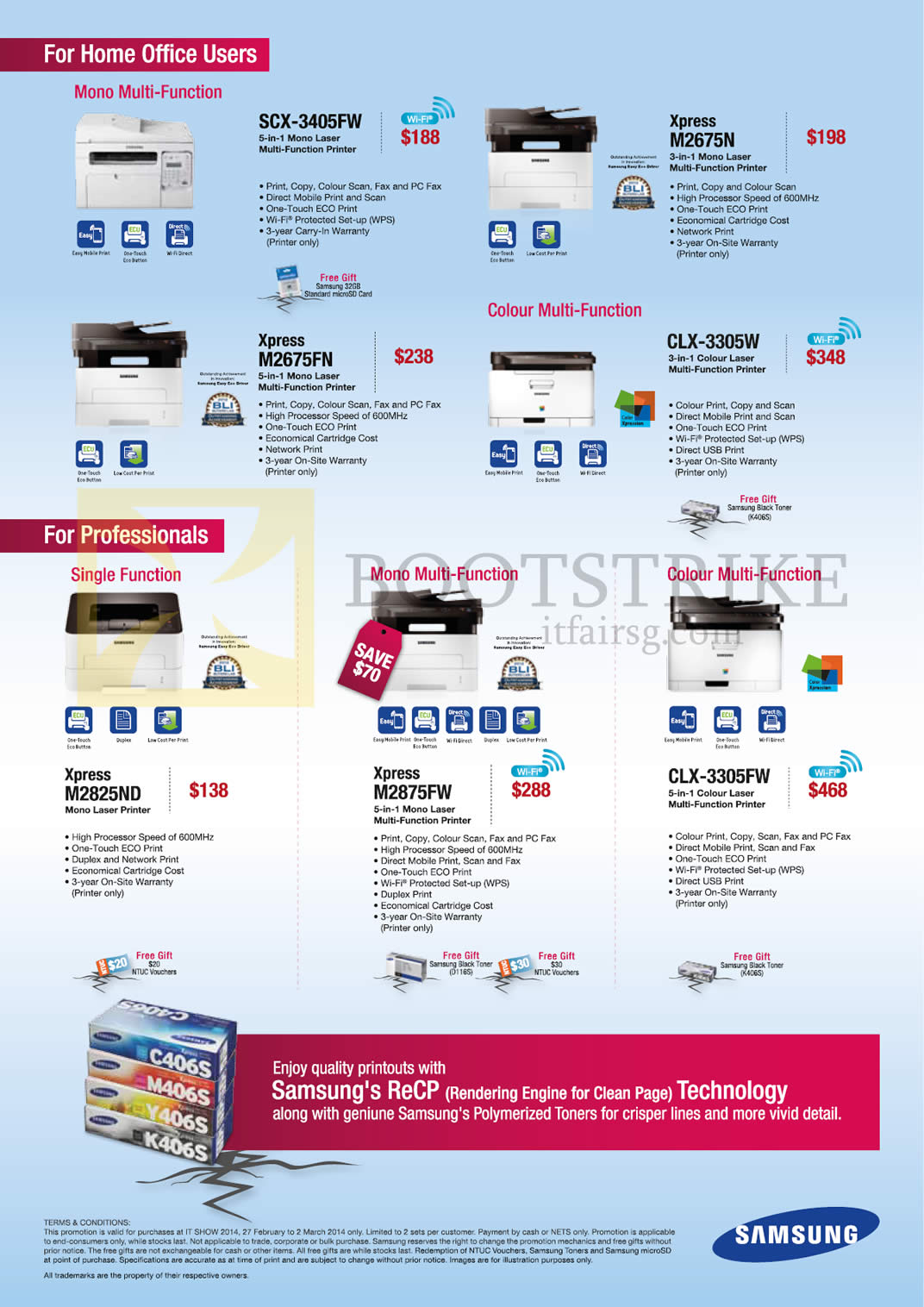 IT SHOW 2014 price list image brochure of Samsung Printers Laser SCX-3405FW, Xpress M2675N, CLX-3305W, Xpress M2675FN, Xpress M2825ND, Xpress M2875FW, CLX-3305FW