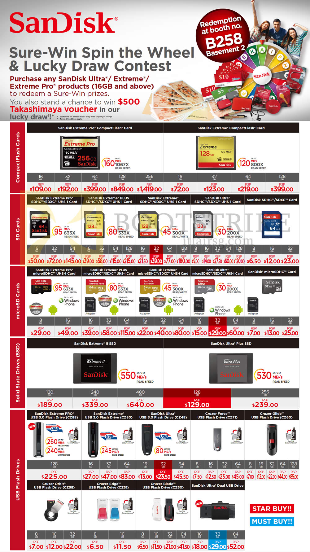 IT SHOW 2014 price list image brochure of Sandisk Memory Cards (RSP Prices) CompactFlash, MicroSD, SD, SSD Extreme II Ultra Plus, USB Flash Drives