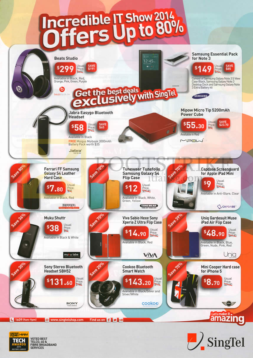 IT SHOW 2014 price list image brochure of Singtel Accessories Beats Studio, Jabra, Ferrari, Tunewear, Muku, Sony, Cookoo, Uniq