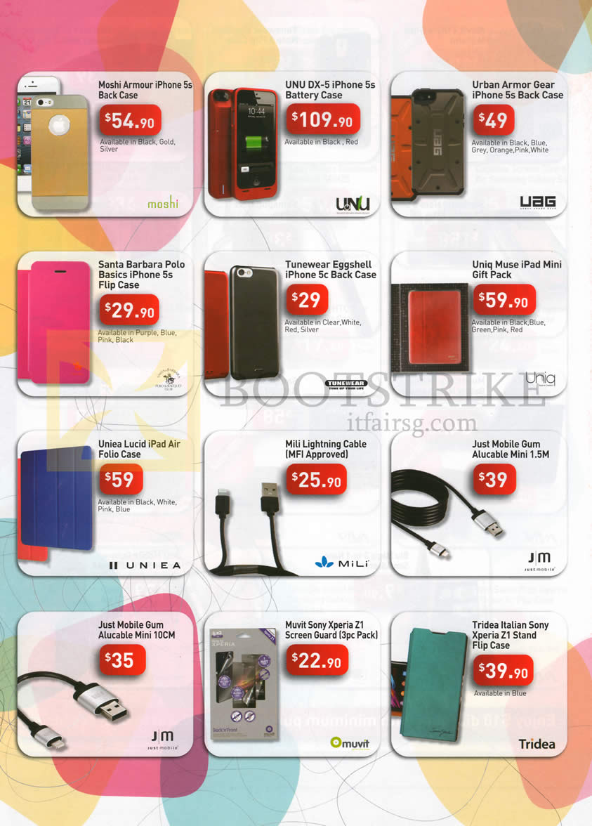 IT SHOW 2014 price list image brochure of Singtel Accessories Cases, Cables, Tunewear, Uniq, Santa Barbara, MiLi, Unu, Moshi, Urban Armor Gear